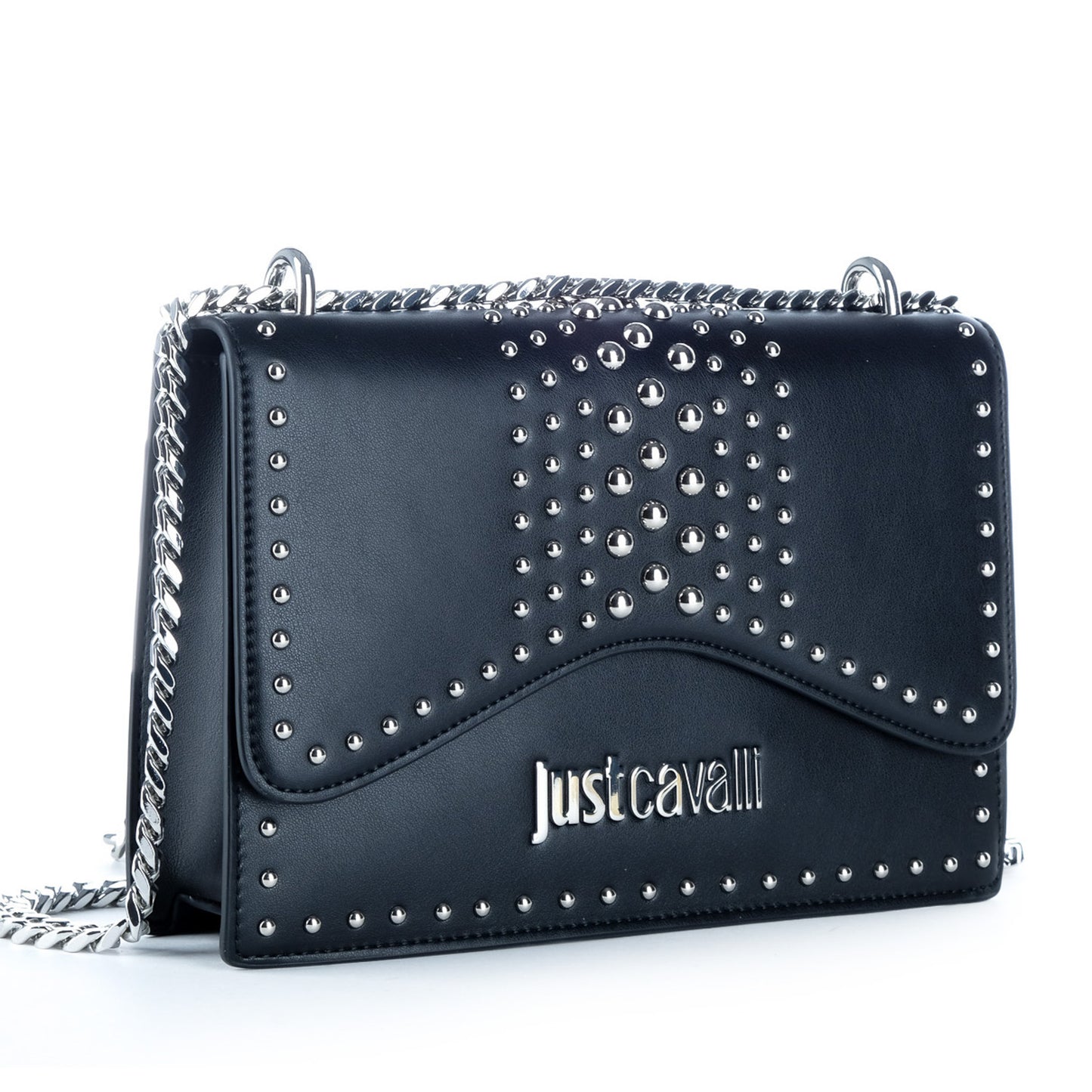 Bolsa Tiracolo Just Cavalli Preta com Tachas e Corrente Prateada