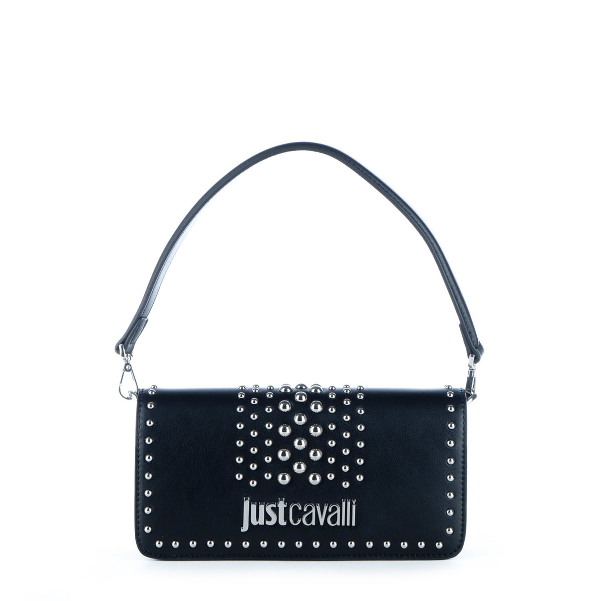 Bolsa de Ombro Just Cavalli Preta com Tachas e Corrente Prateada