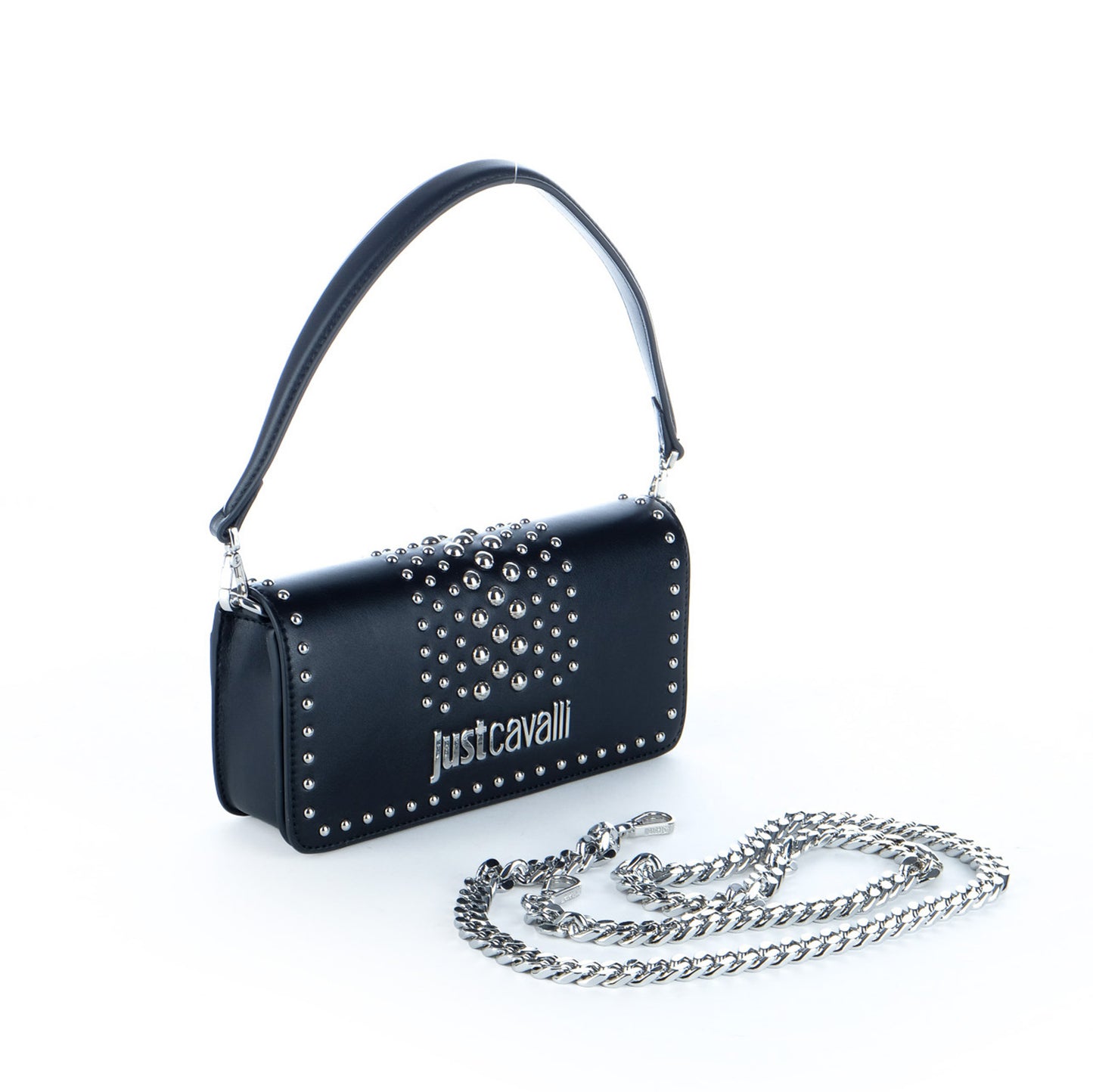 Bolsa de Ombro Just Cavalli Preta com Tachas e Corrente Prateada