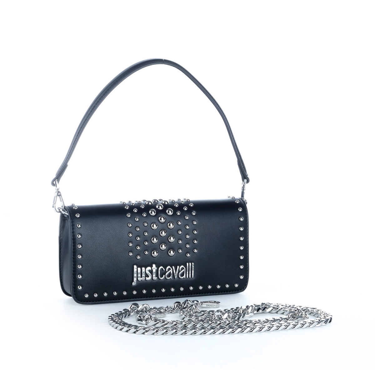 Bolsa de Ombro Just Cavalli Preta com Tachas e Corrente Prateada