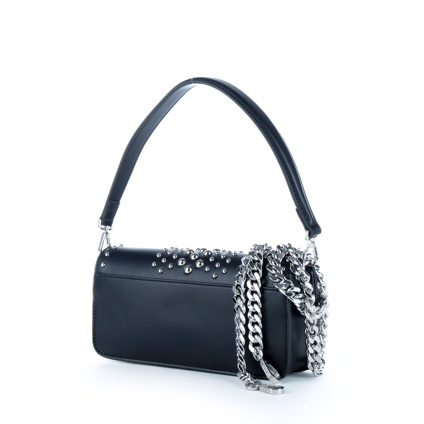 Bolsa de Ombro Just Cavalli Preta com Tachas e Corrente Prateada