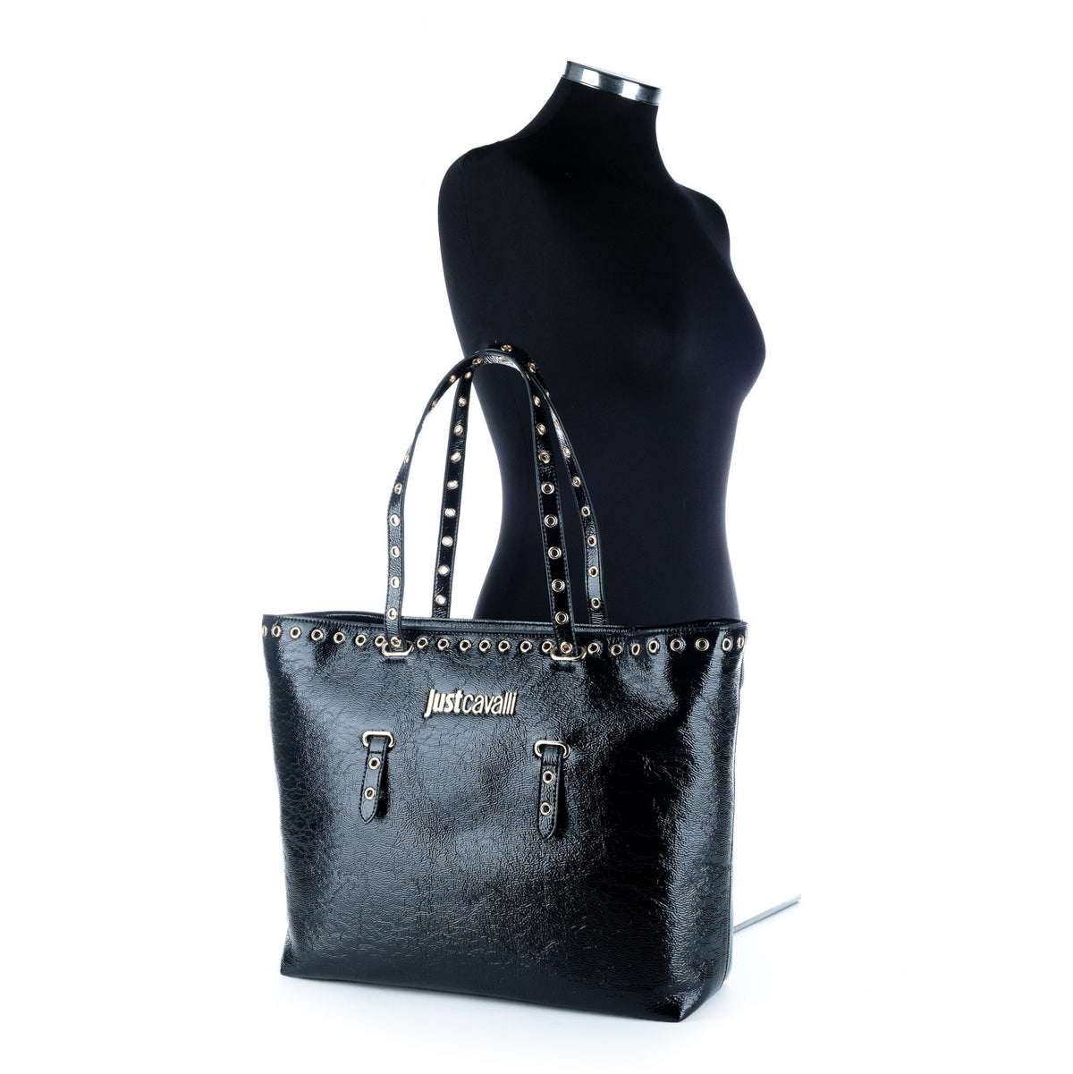 Bolsa Tote Just Cavalli Preta com Tachas e Detalhes Metálicos