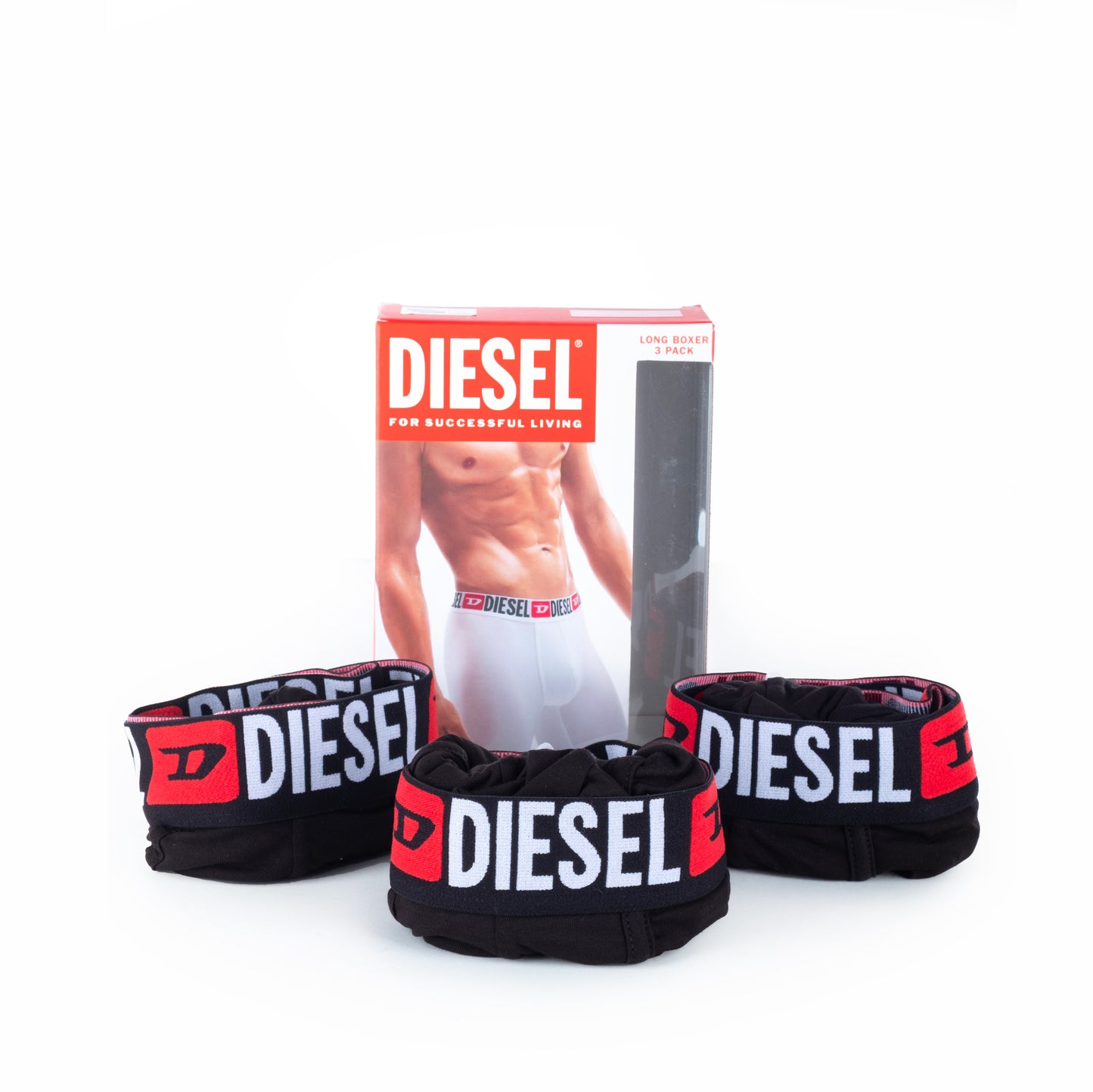 Boxers Homem Diesel Pretos com Elástico Vermelho e Logo Contrastante
