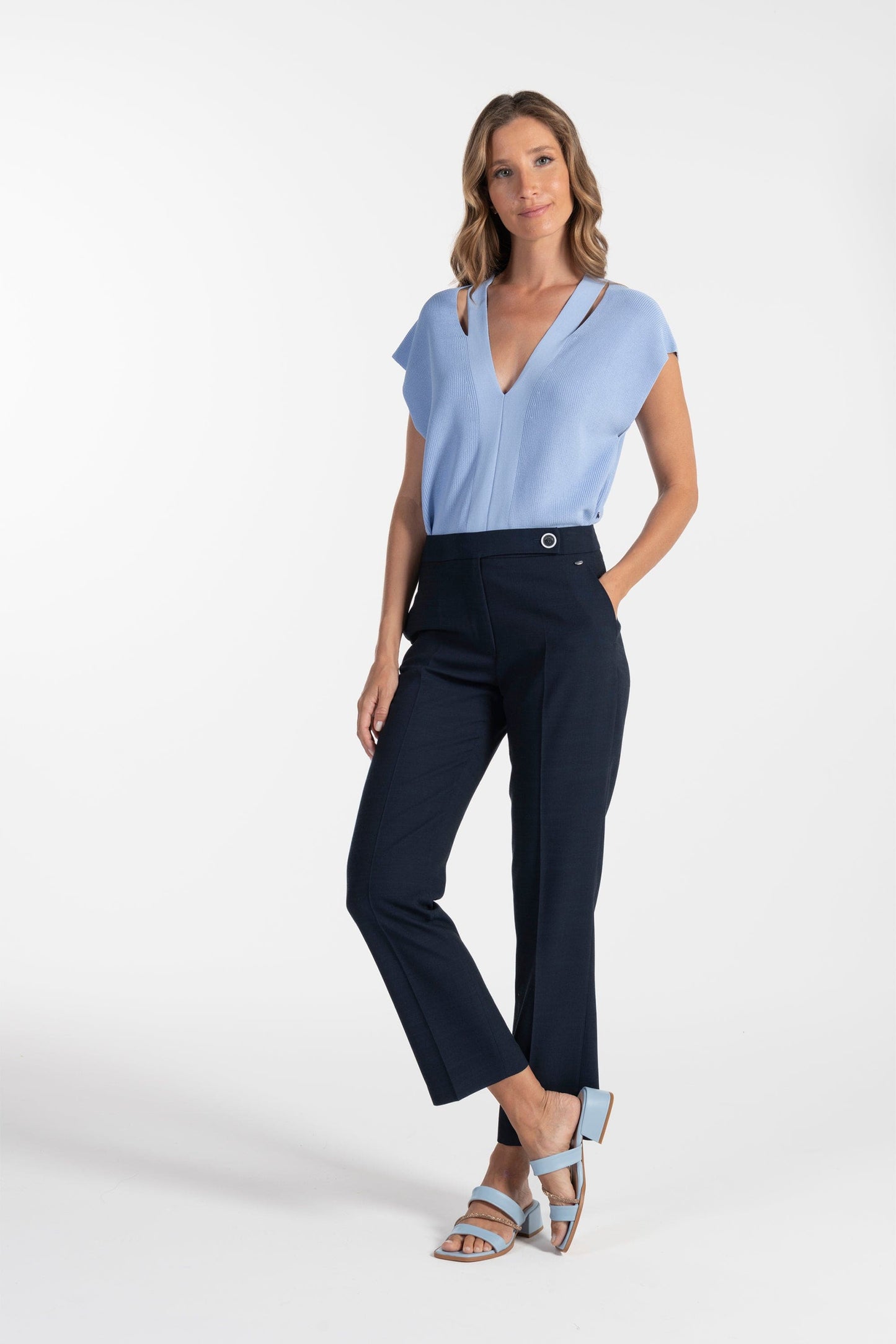 Calças s Ana Sousa Azul-Marinho com Detalhe Elegante