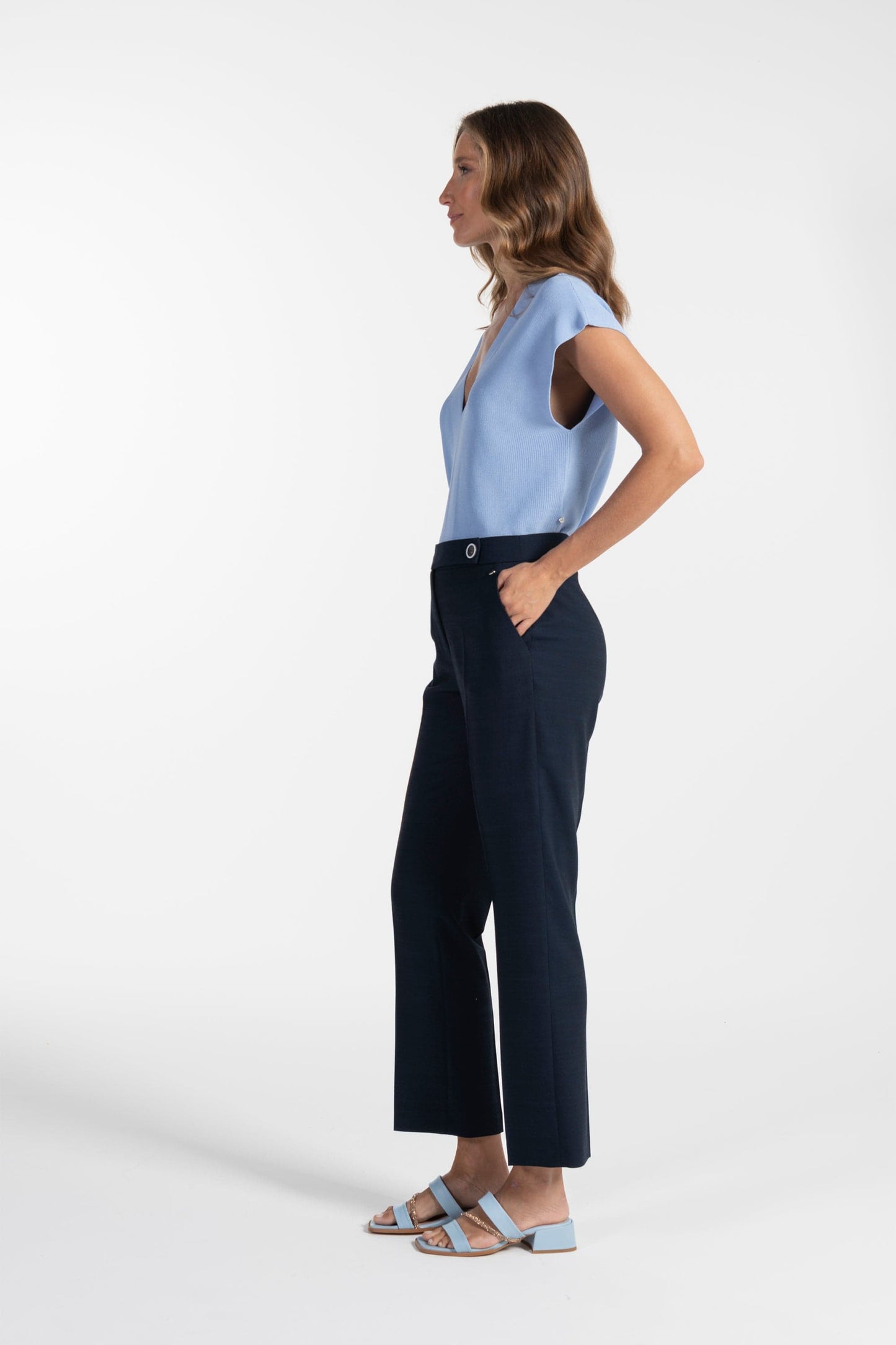 Calças s Ana Sousa Azul-Marinho com Detalhe Elegante