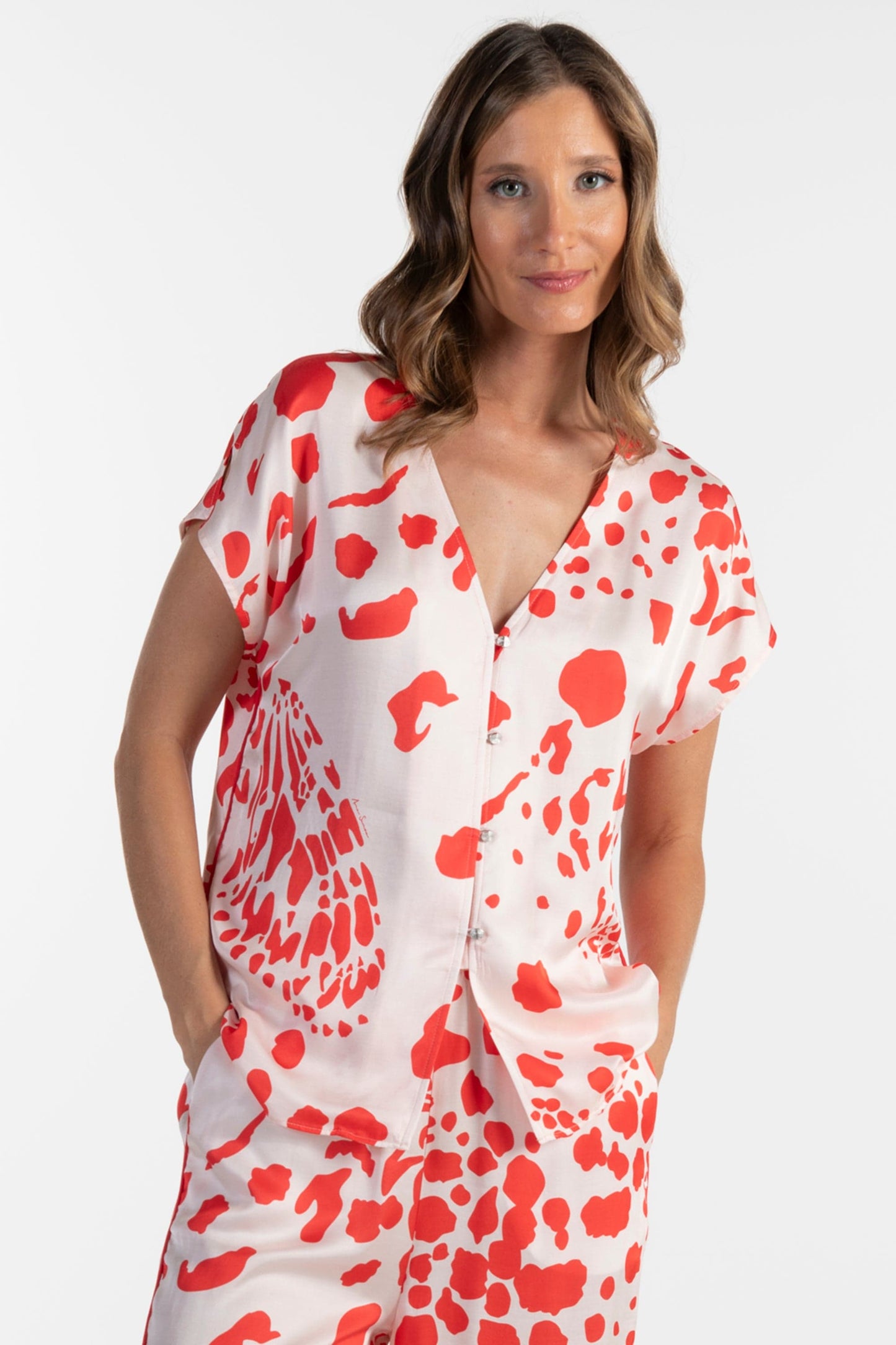 Blusa Estampada Vermelha e Branca de Mulher ANA SOUSA