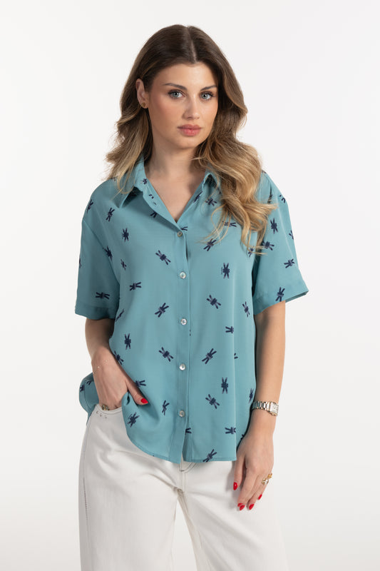 Blusa Mulher ANA SOUSA Azul-Petróleo Estampada com Botões e Manga Curta