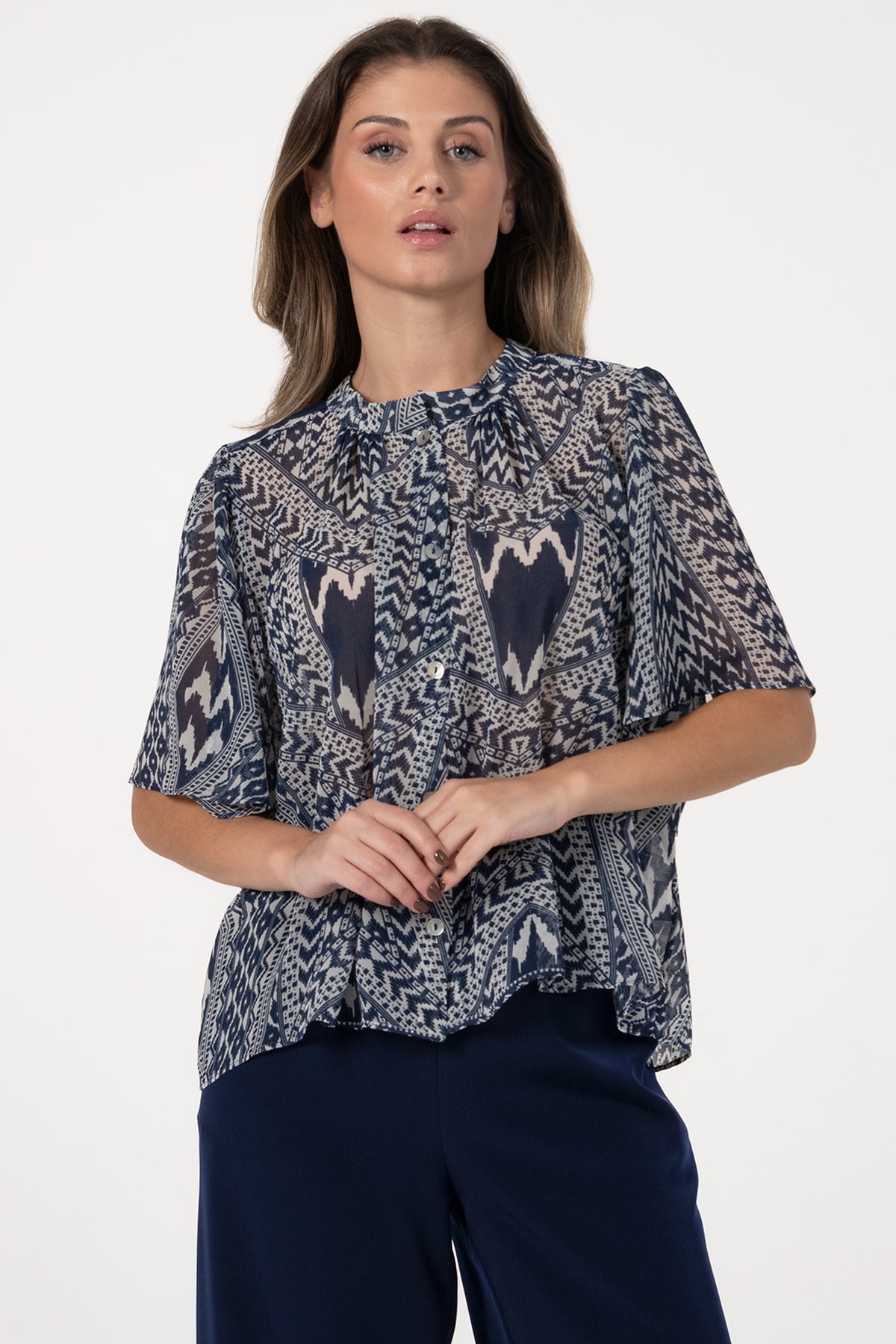 Blusa Mulher ANA SOUSA Azul-Marinho Estampada com Manga Curta e Corte Fluido