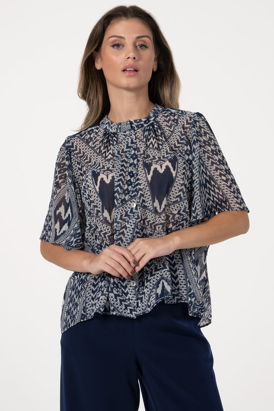 Blusa Mulher ANA SOUSA Azul-Marinho Estampada com Manga Curta e Corte Fluido