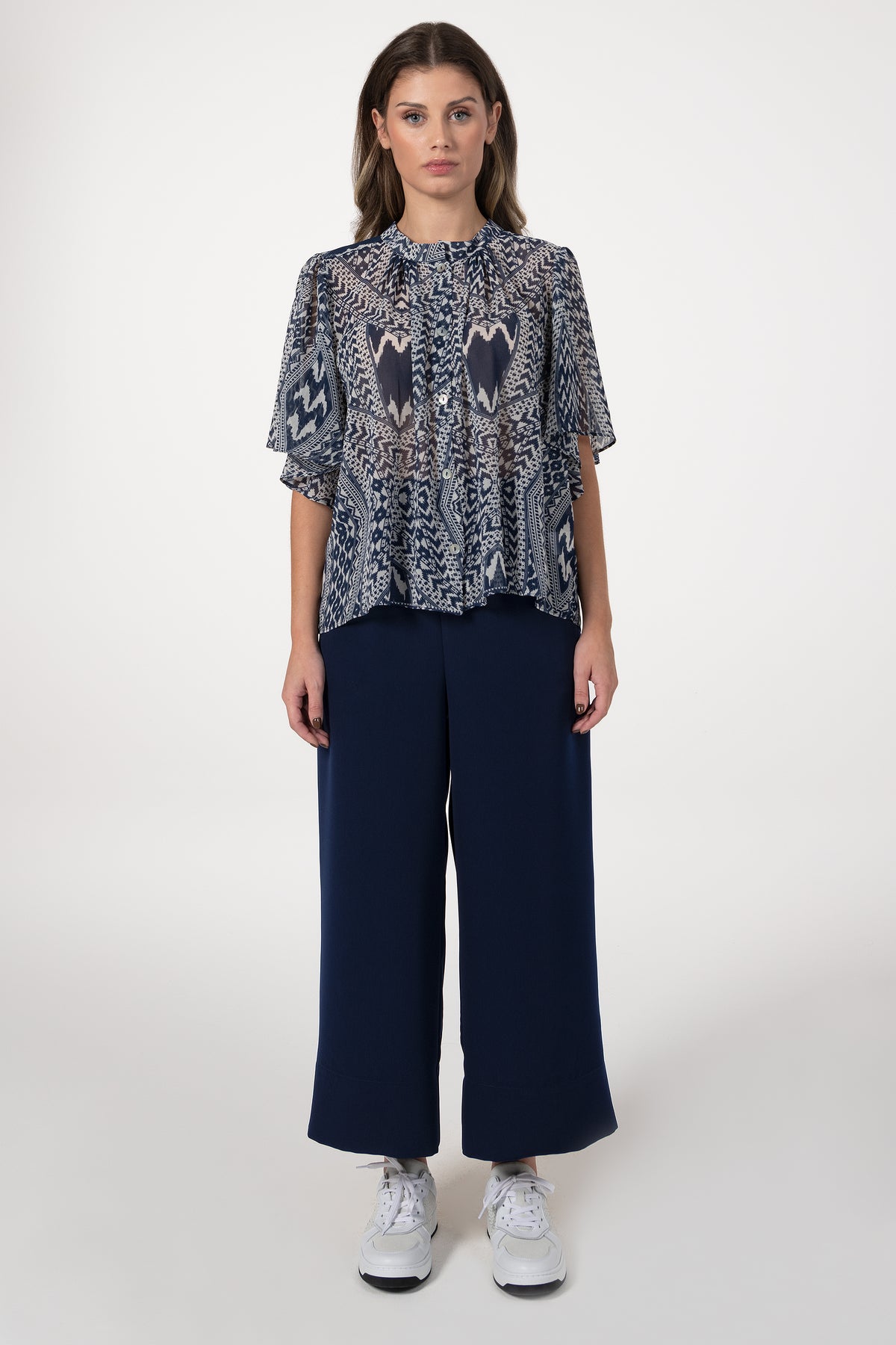 Blusa Mulher ANA SOUSA Azul-Marinho Estampada com Manga Curta e Corte Fluido