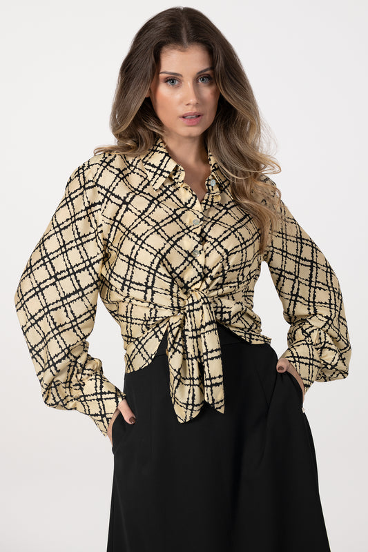 Blusa Mulher ANA SOUSA Bege com Padrão Geométrico e Nó Frontal