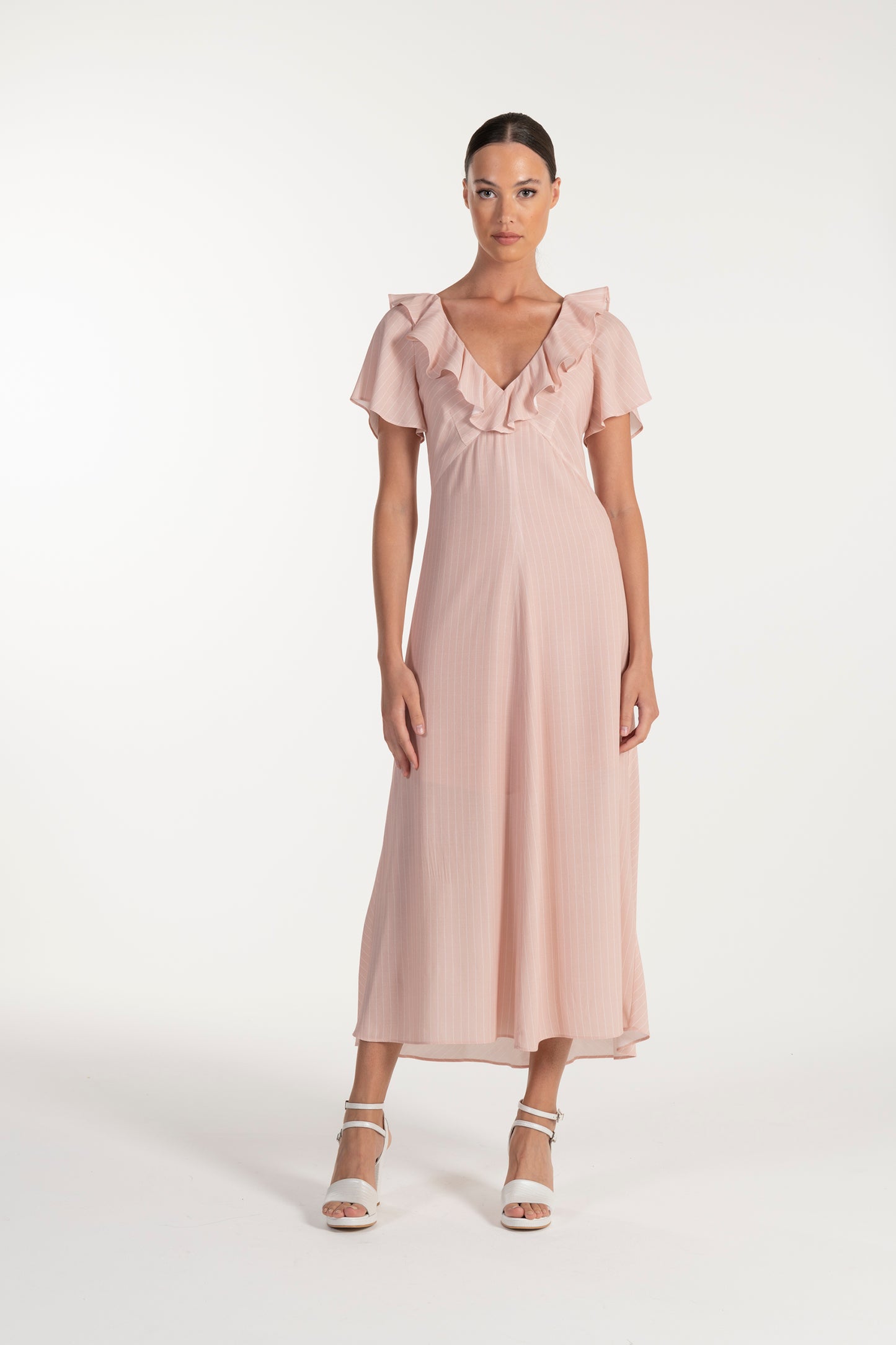 Vestido Rosa Claro de Mulher ANA SOUSA com Decote em V e Mangas Curvas