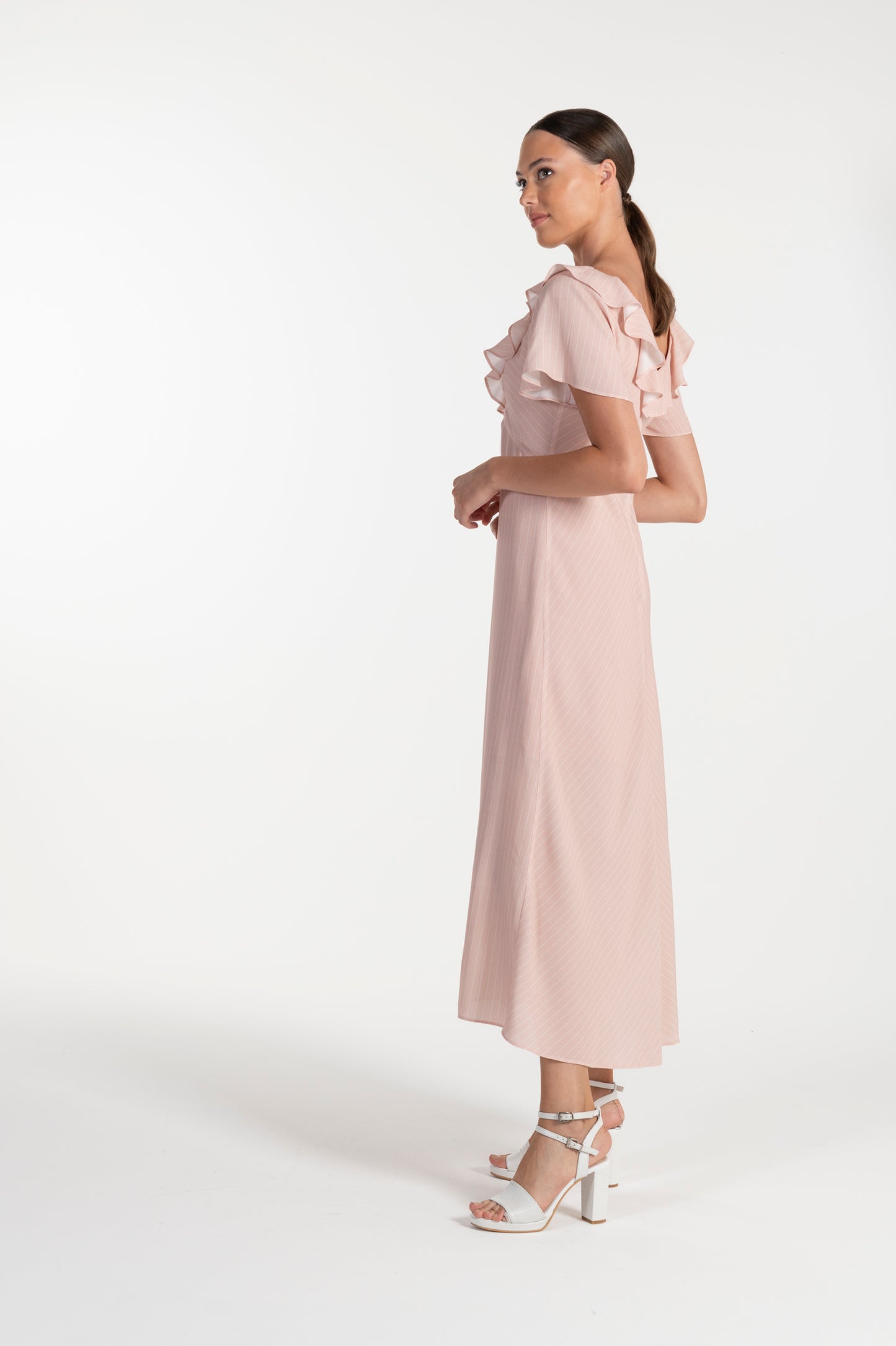 Vestido Rosa Claro de Mulher ANA SOUSA com Decote em V e Mangas Curvas