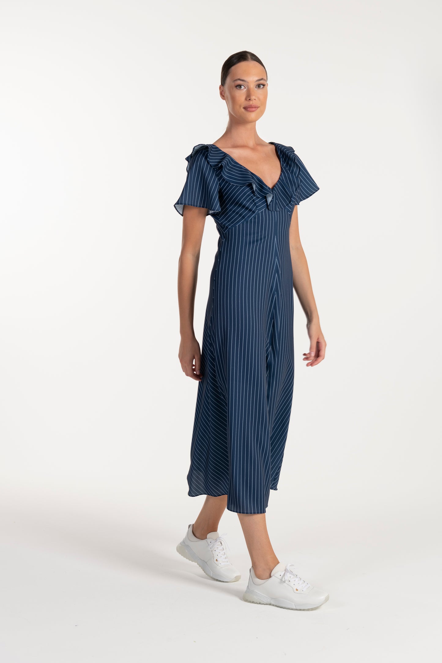 Vestido Azul de Mulher ANA SOUSA com Decote em V e Mangas Curvas