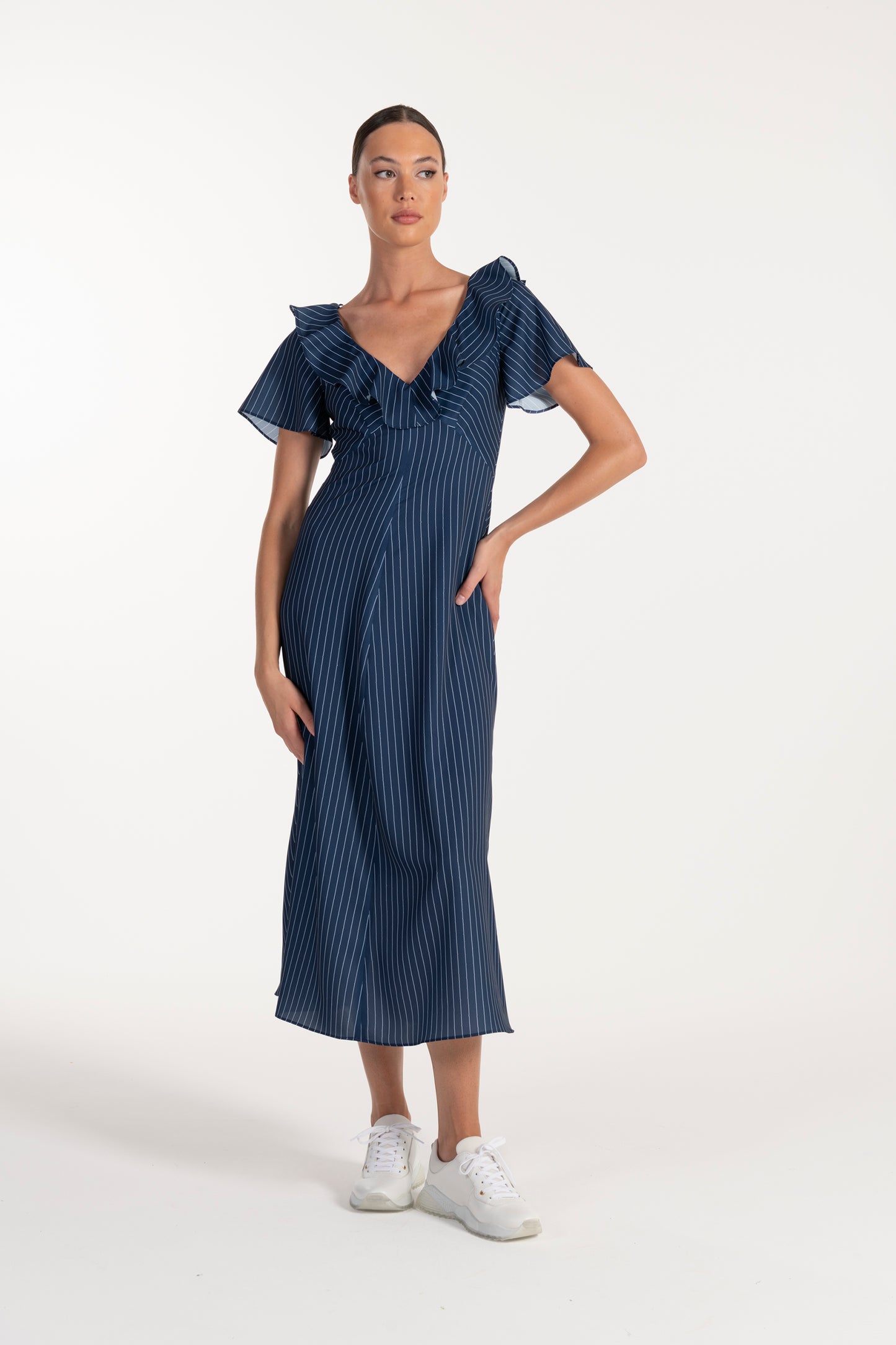 Vestido Azul de Mulher ANA SOUSA com Decote em V e Mangas Curvas