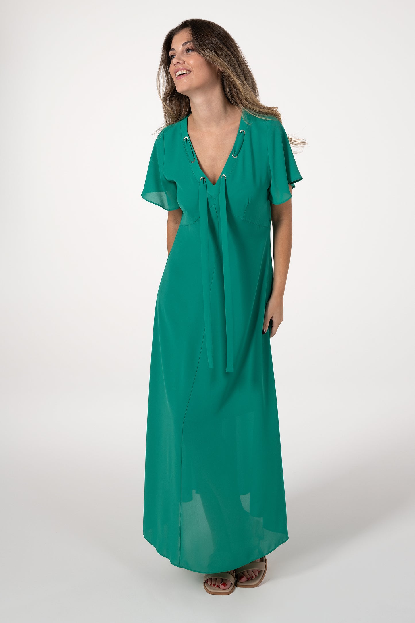 Vestido Mulher ANA SOUSA Verde Comprido com Decote em V e Mangas Fluidas