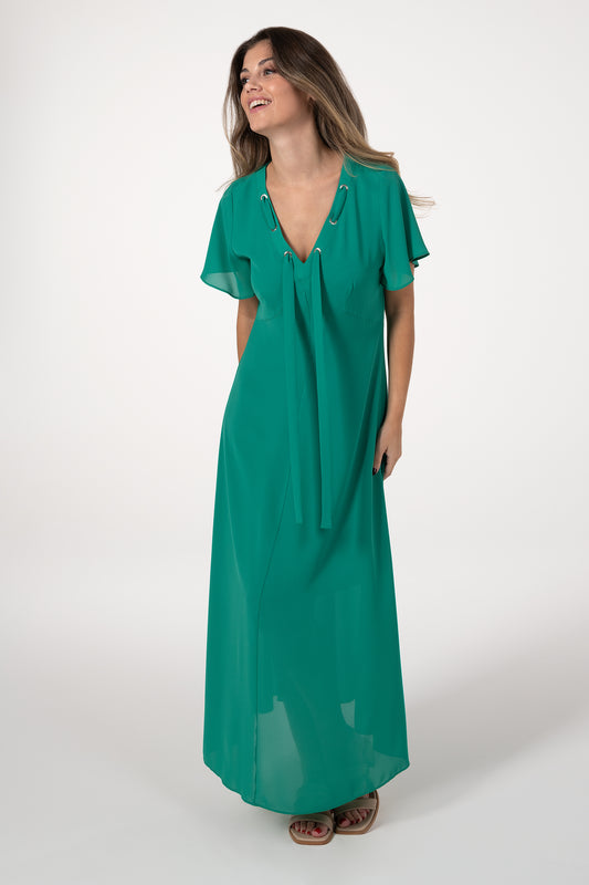 Vestido Mulher ANA SOUSA Verde Comprido com Decote em V e Mangas Fluidas