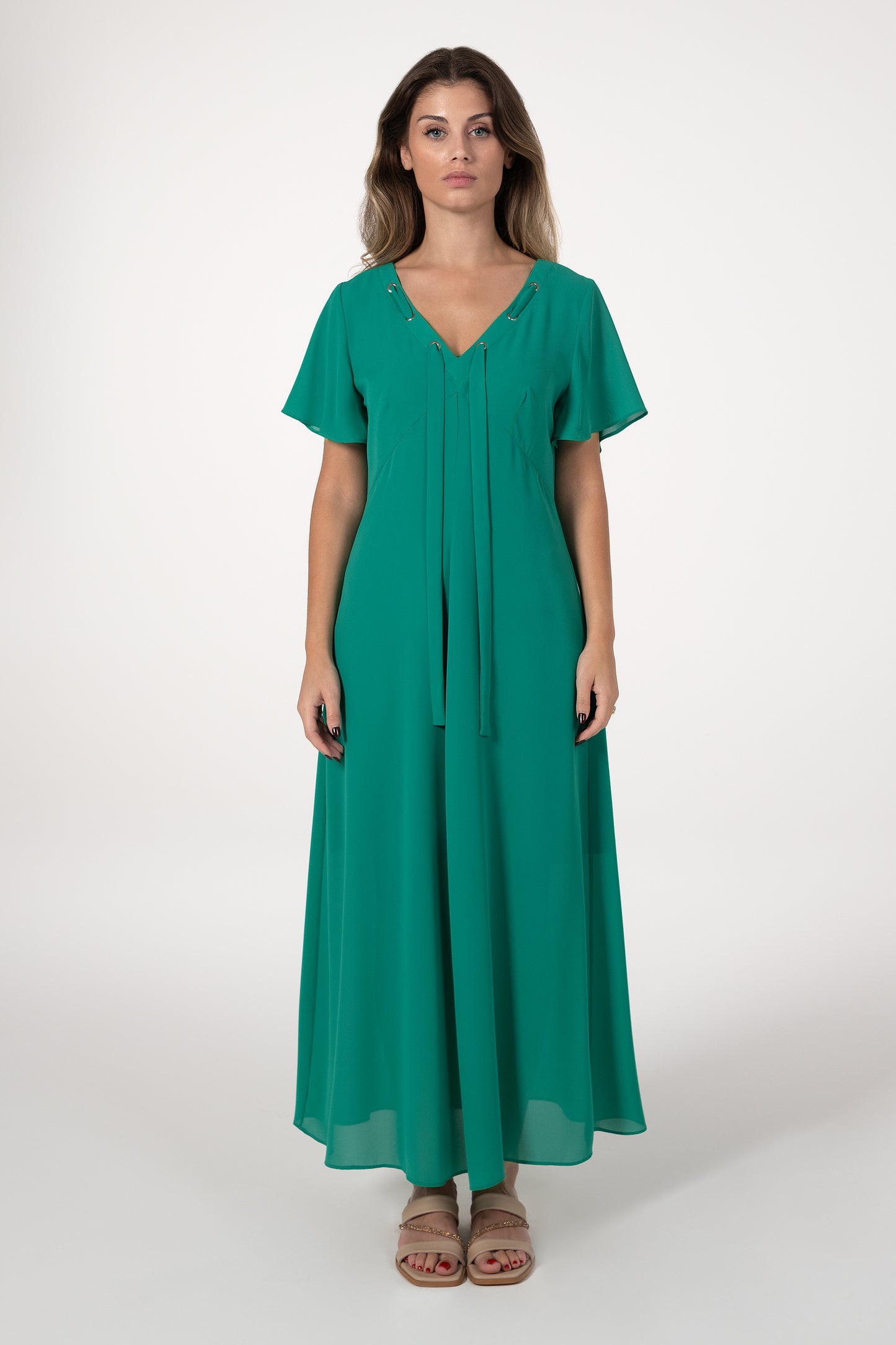 Vestido Mulher ANA SOUSA Verde Comprido com Decote em V e Mangas Fluidas