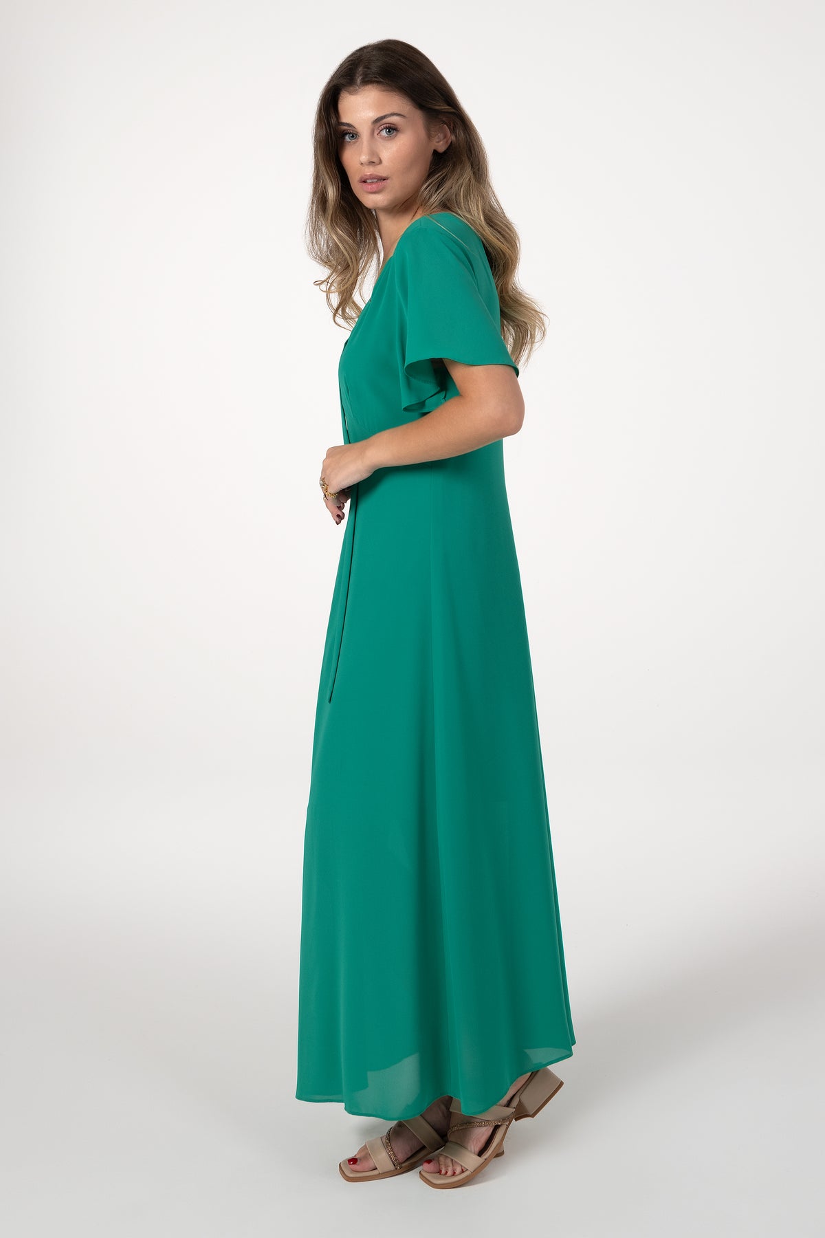Vestido Mulher ANA SOUSA Verde Comprido com Decote em V e Mangas Fluidas