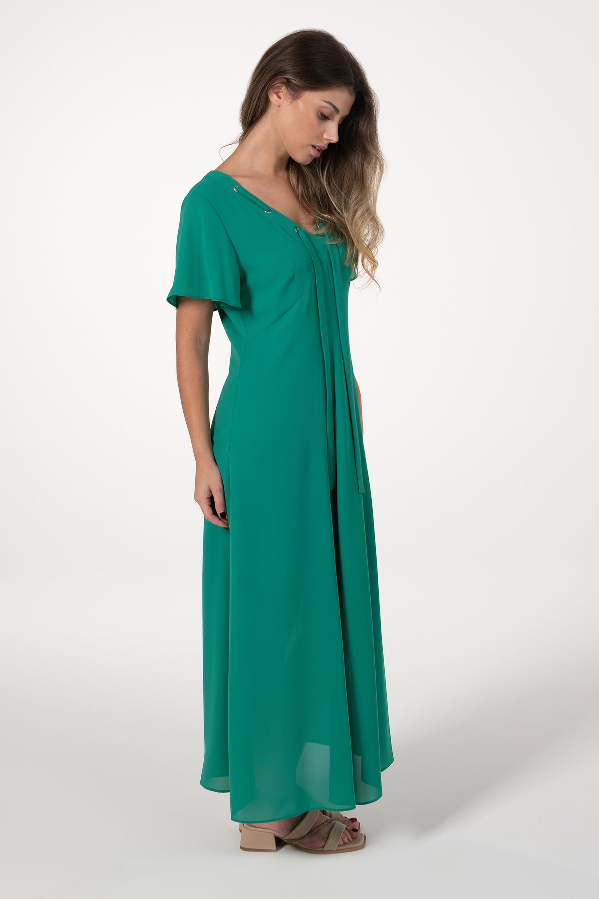 Vestido Mulher ANA SOUSA Verde Comprido com Decote em V e Mangas Fluidas