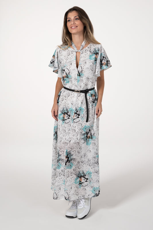 Vestido Mulher ANA SOUSA Branco Comprido Estampado com Cinto e Mangas Fluidas