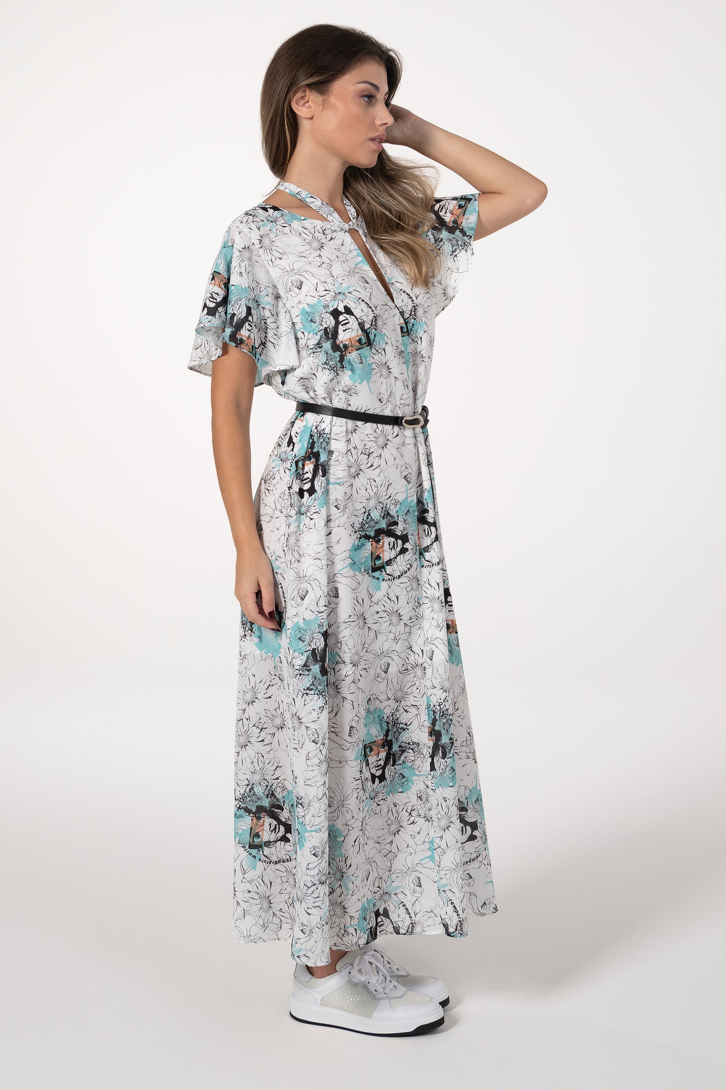 Vestido Mulher ANA SOUSA Branco Comprido Estampado com Cinto e Mangas Fluidas