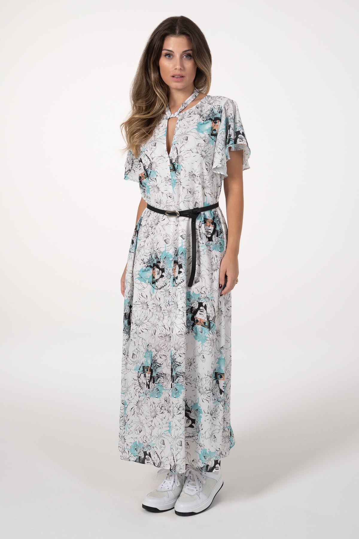 Vestido Mulher ANA SOUSA Branco Comprido Estampado com Cinto e Mangas Fluidas