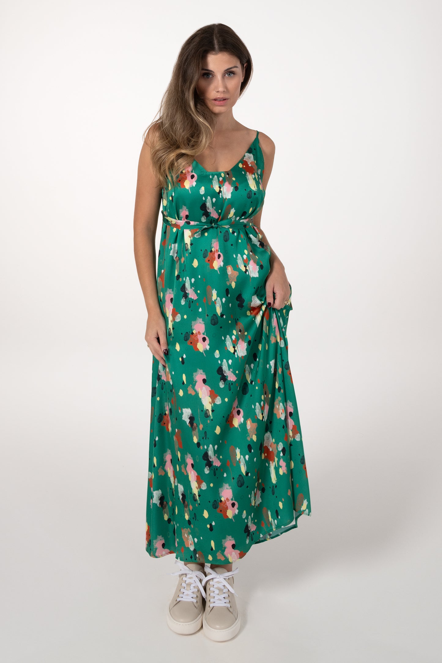 Vestido Mulher ANA SOUSA Verde Comprido Floral com Alças e Cinto