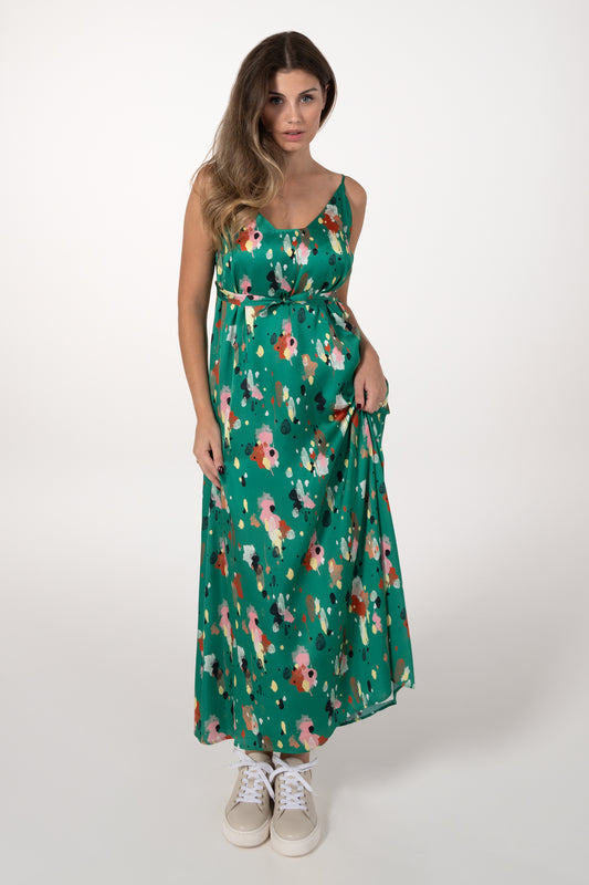 Vestido Mulher ANA SOUSA Verde Comprido Floral com Alças e Cinto