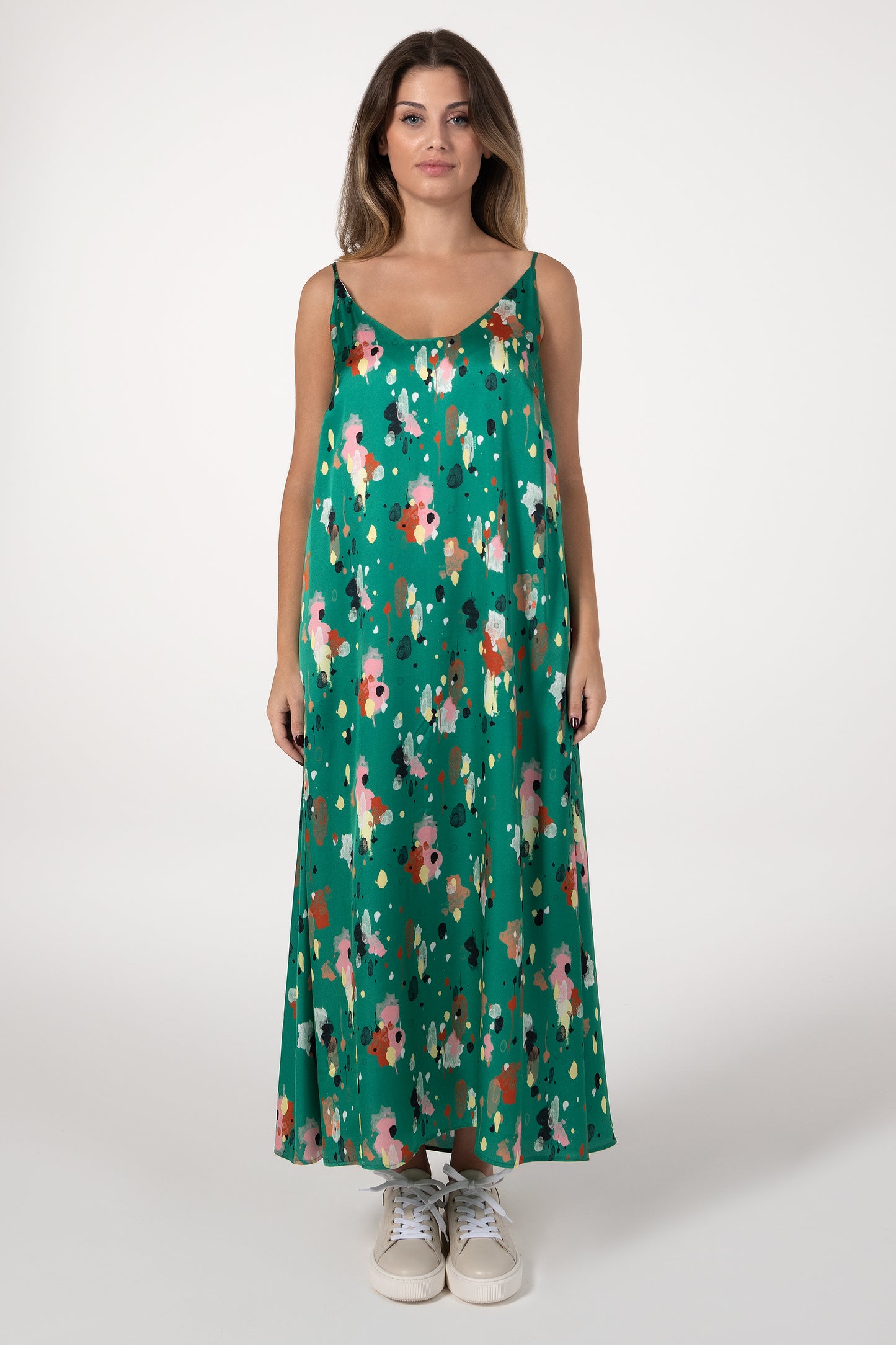 Vestido Mulher ANA SOUSA Verde Comprido Floral com Alças e Cinto