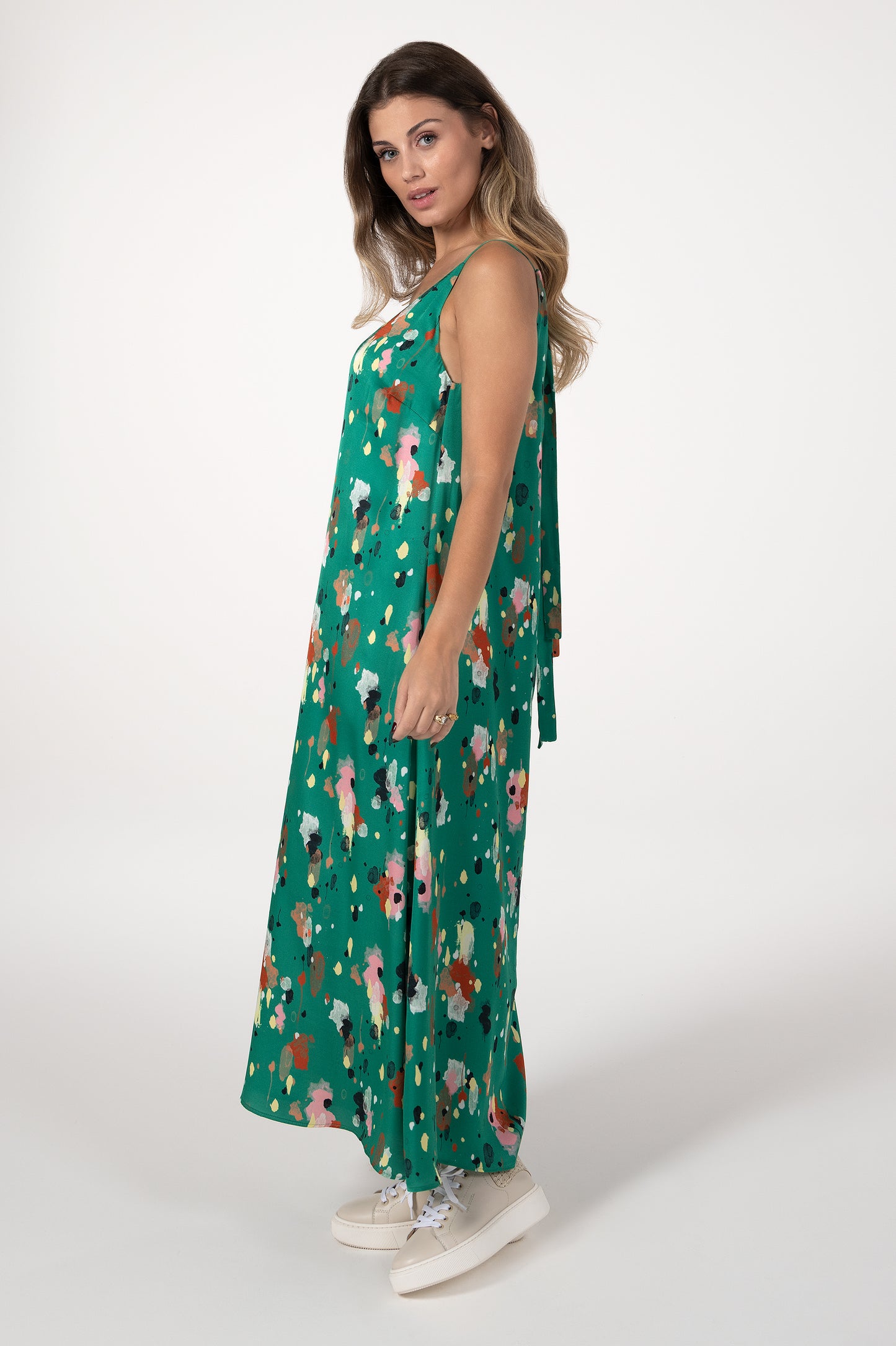 Vestido Mulher ANA SOUSA Verde Comprido Floral com Alças e Cinto