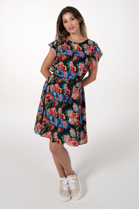 Vestido Mulher ANA SOUSA Preto Curto Floral com Cinto e Mangas de Folho