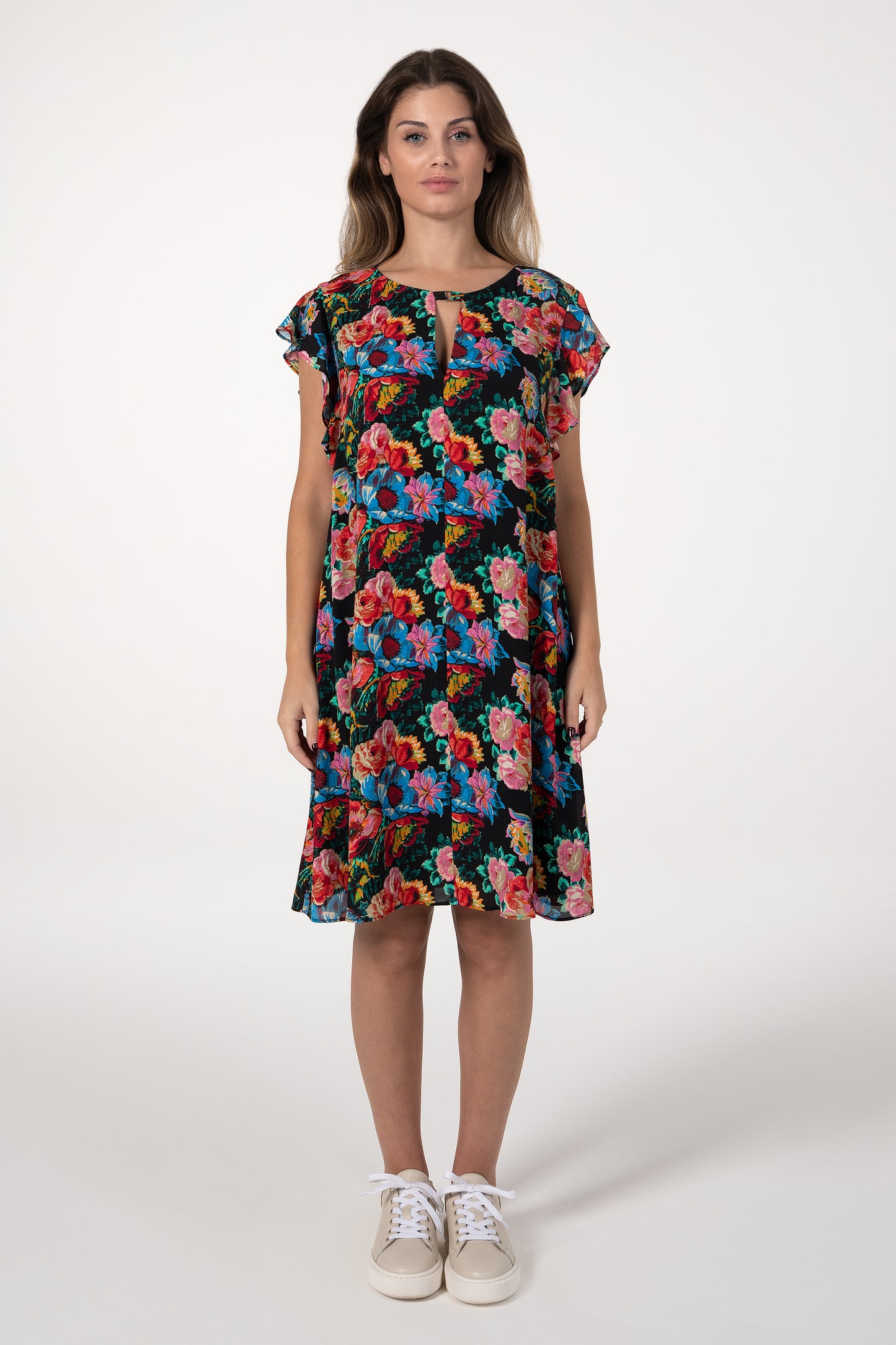 Vestido Mulher ANA SOUSA Preto Curto Floral com Cinto e Mangas de Folho