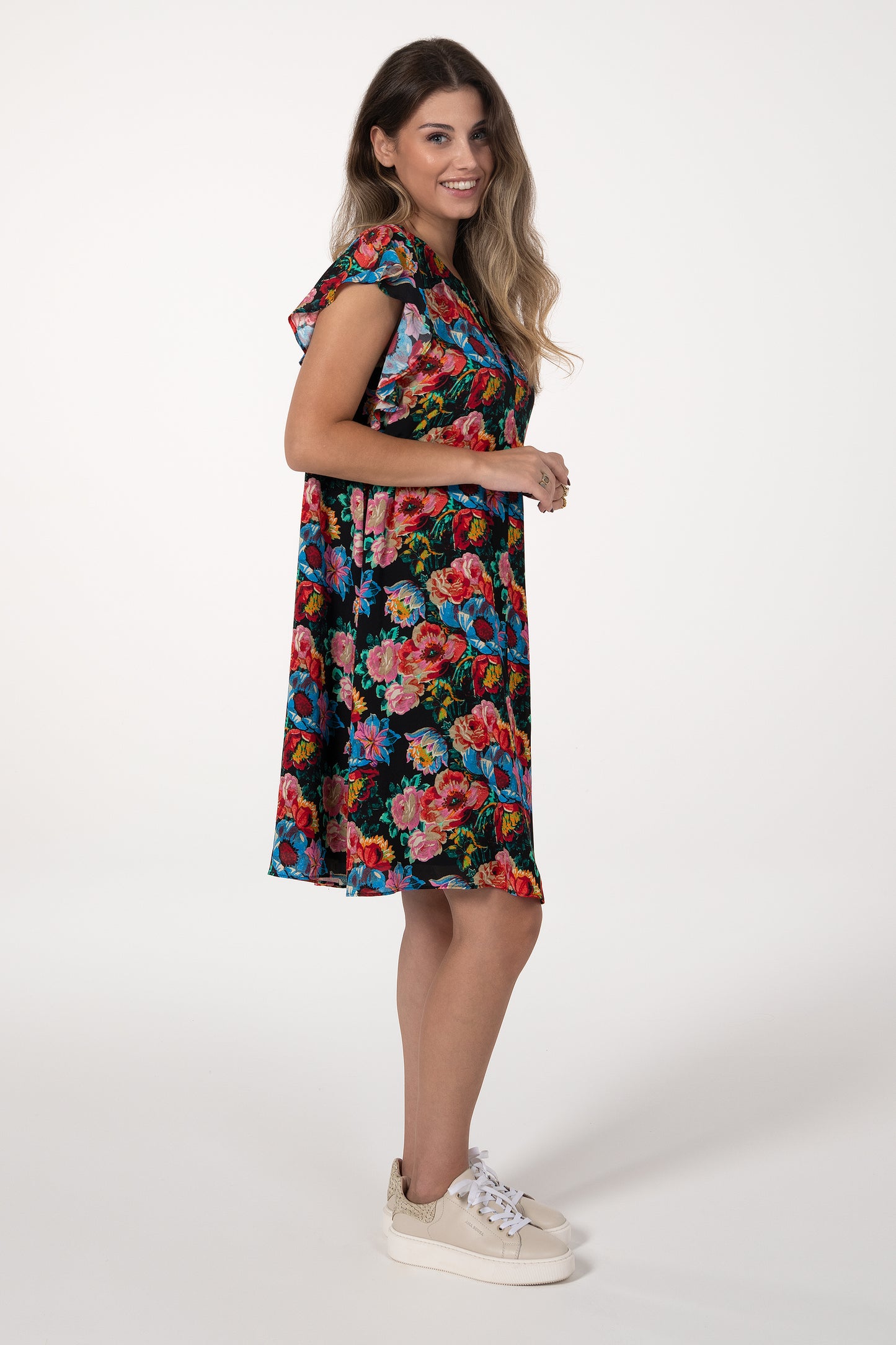Vestido Mulher ANA SOUSA Preto Curto Floral com Cinto e Mangas de Folho