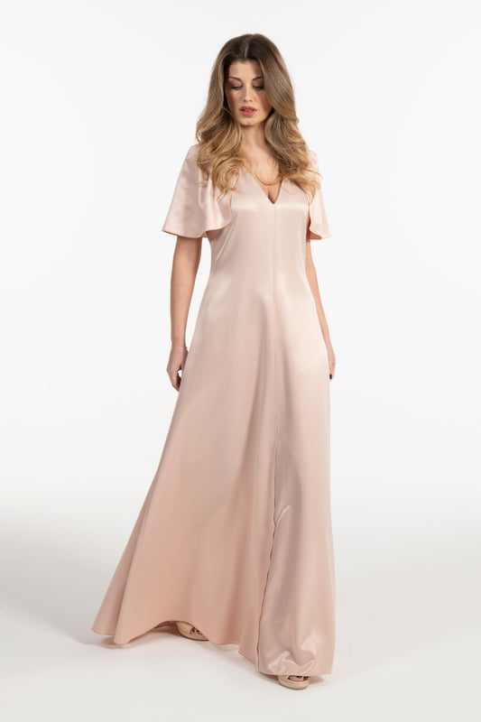 Vestido Mulher ANA SOUSA Bege Comprido com Decote em V e Mangas Capa