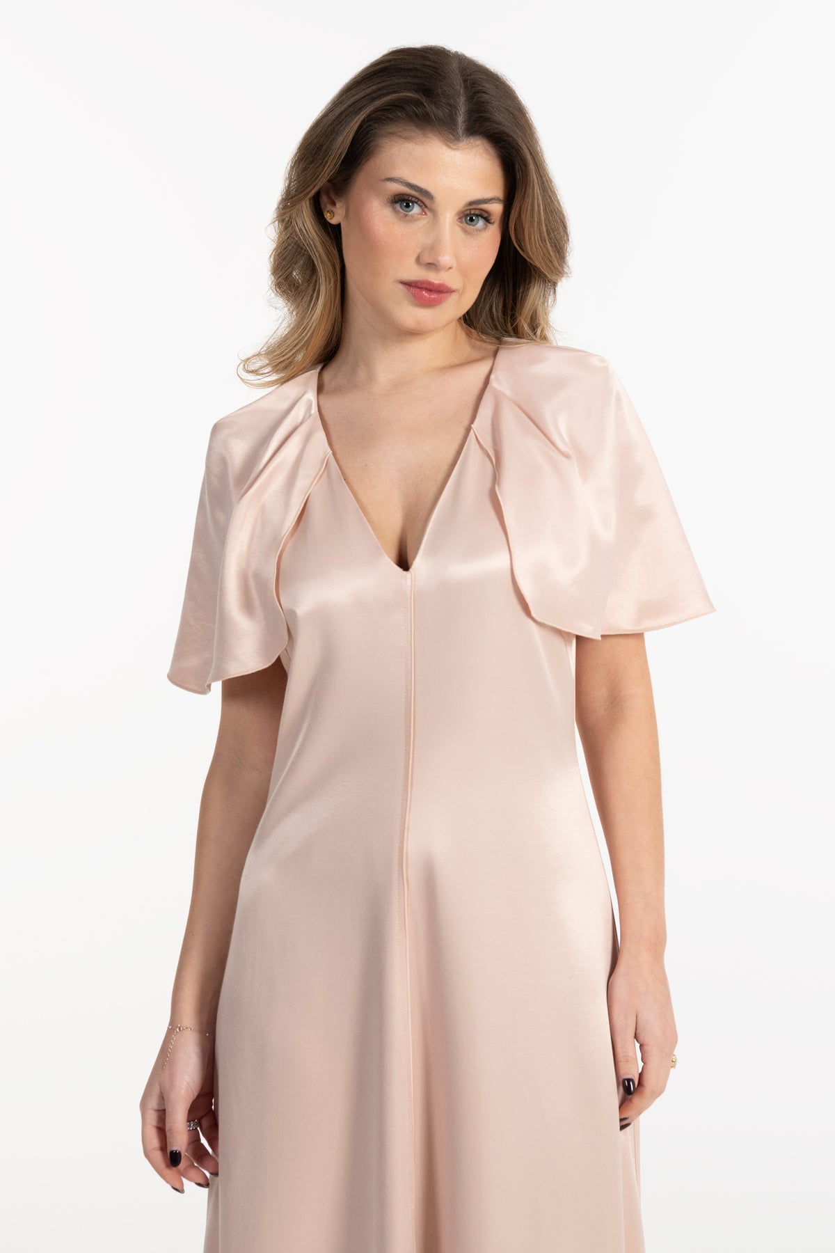 Vestido Mulher ANA SOUSA Bege Comprido com Decote em V e Mangas Capa