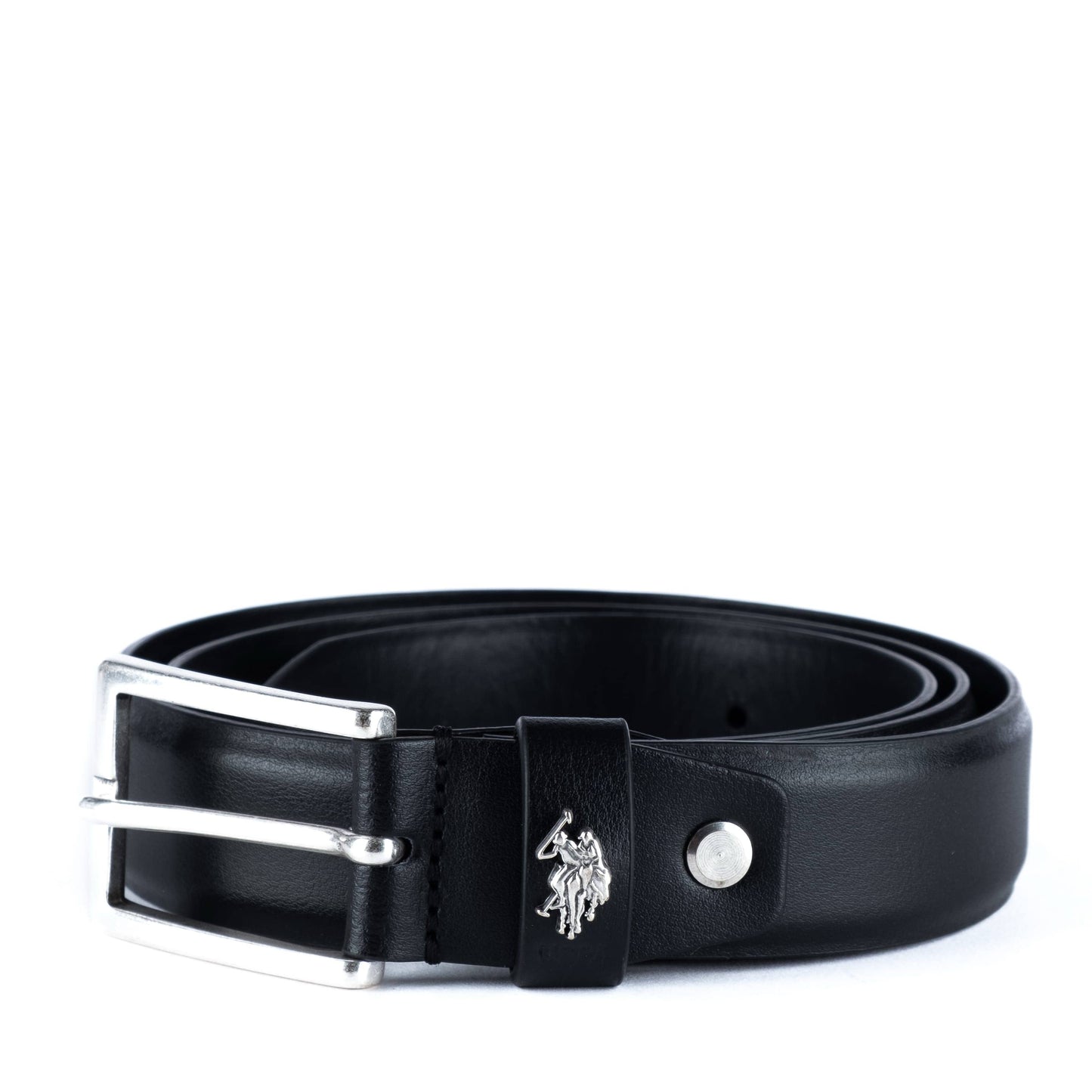 Cinto de Homem US Polo Preto com Logótipo Metálico e Fivela Prateada