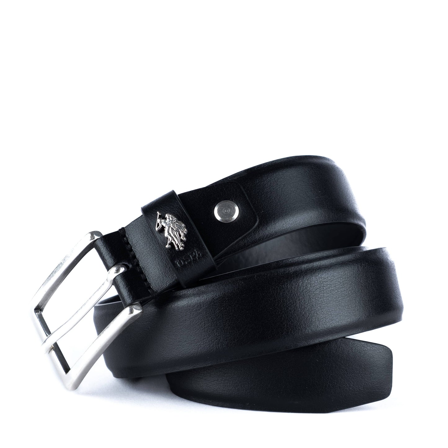Cinto de Homem US Polo Preto com Logótipo Metálico e Fivela Prateada