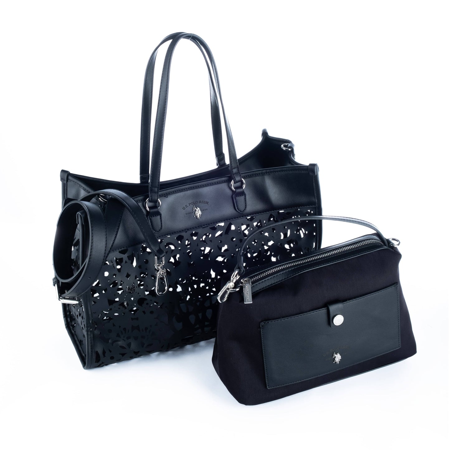 Bolsa Tote Feminina US Polo Preta com Detalhes Vazados