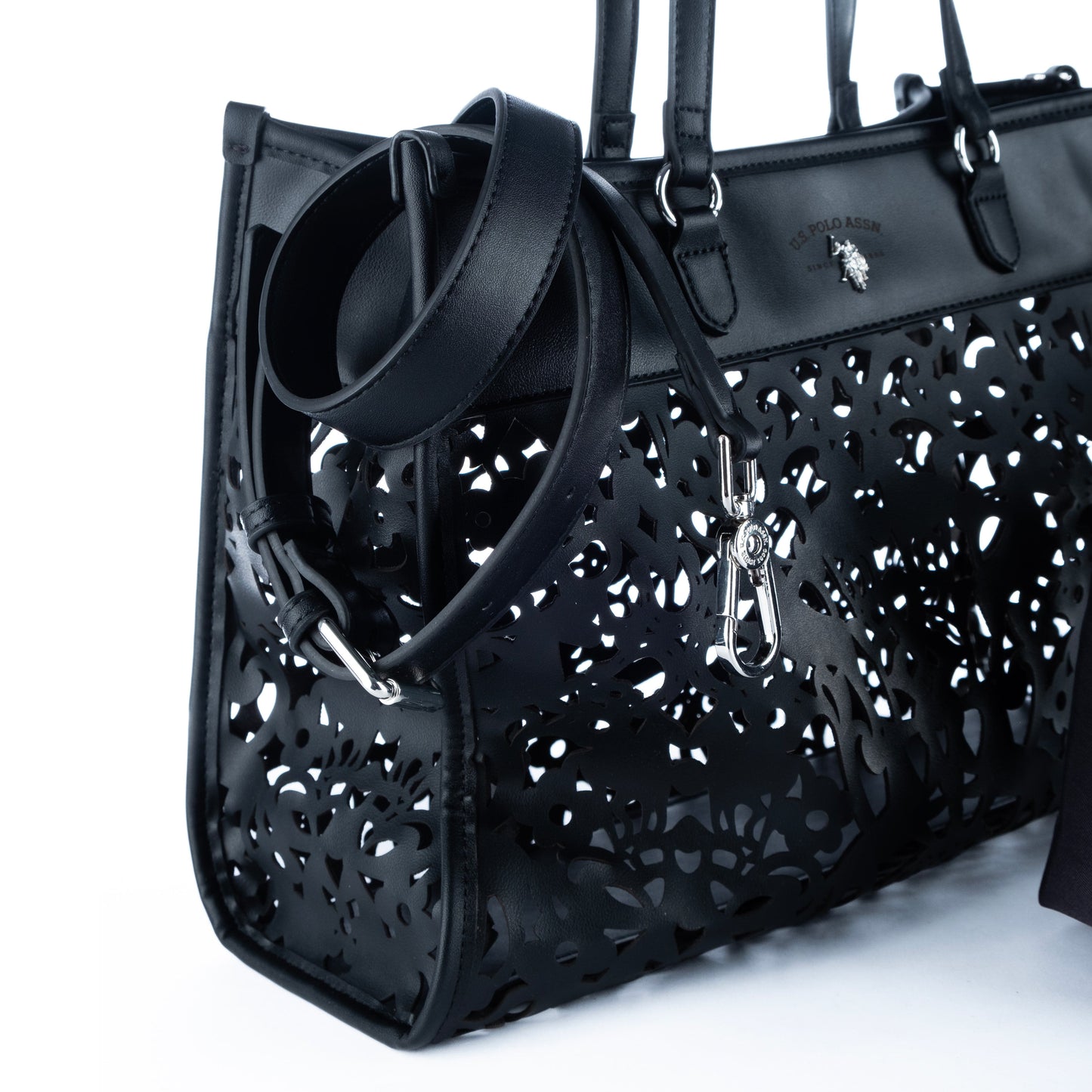 Bolsa Tote Feminina US Polo Preta com Detalhes Vazados