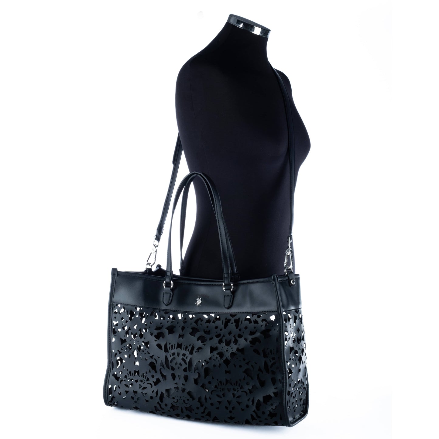 Bolsa Tote Feminina US Polo Preta com Detalhes Vazados