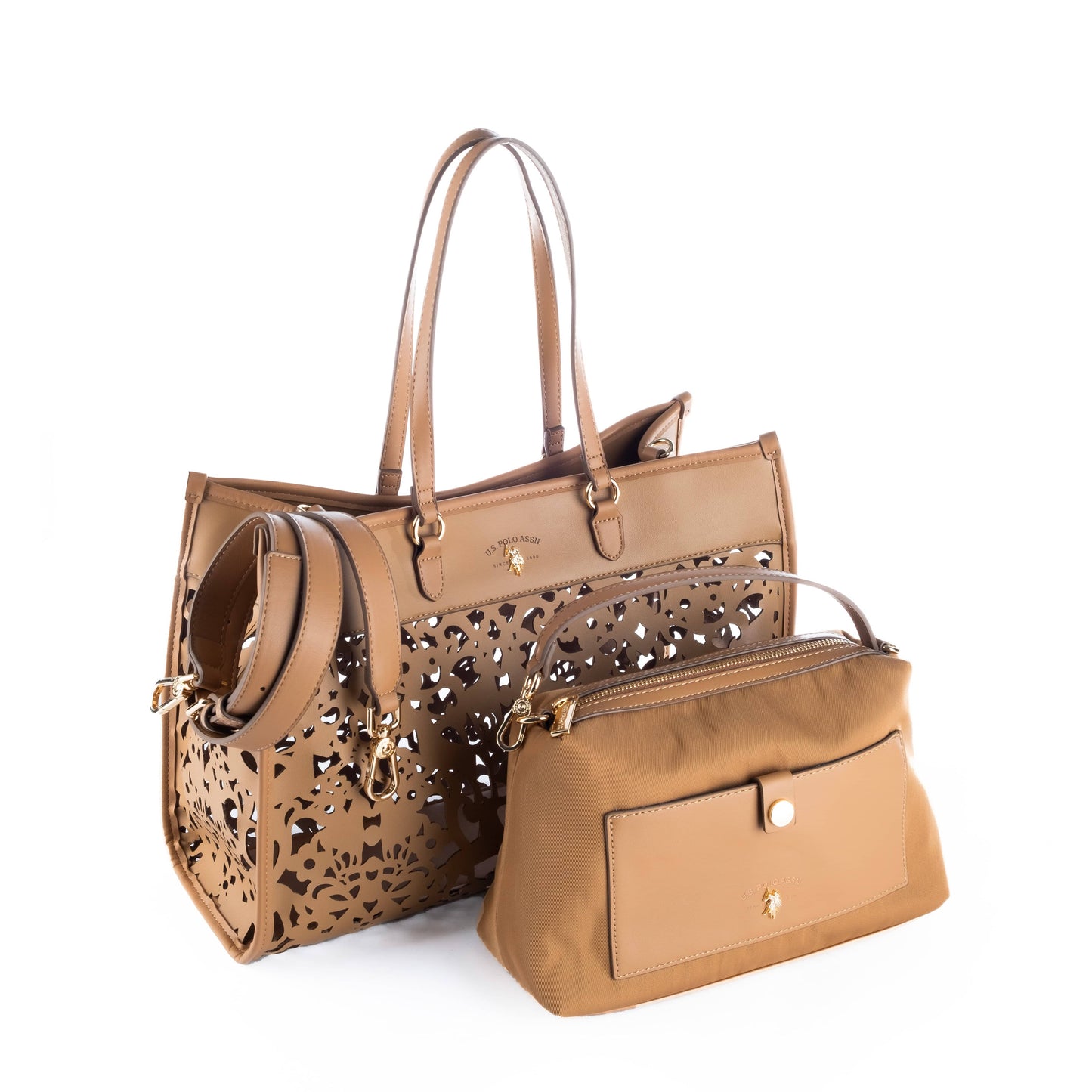 Bolsa Tote Feminina US Polo Marrom com Detalhes Vazados