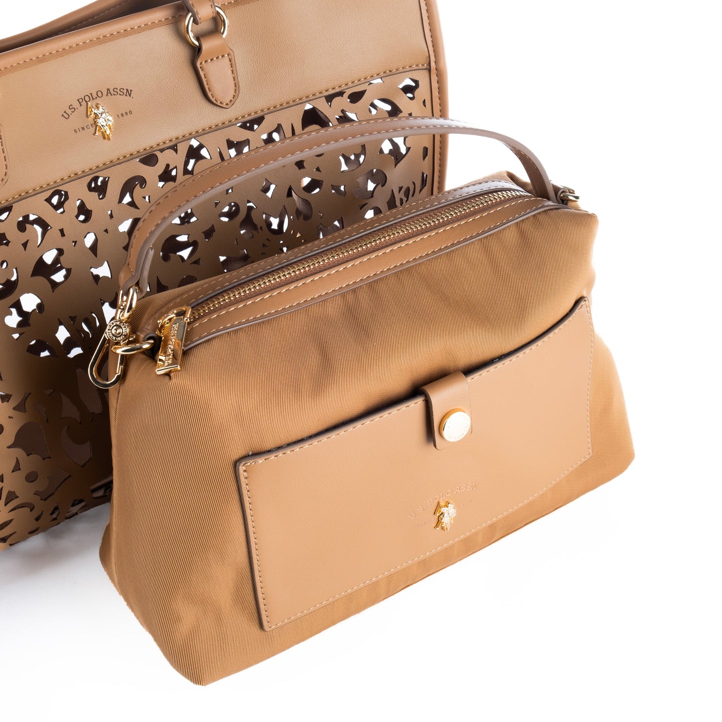 Bolsa Tote Feminina US Polo Marrom com Detalhes Vazados