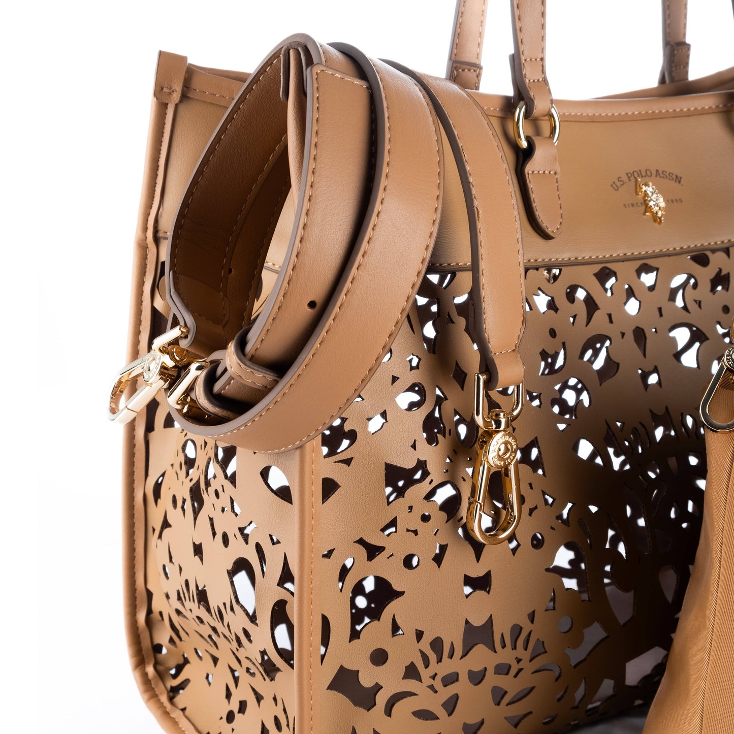 Bolsa Tote Feminina US Polo Marrom com Detalhes Vazados