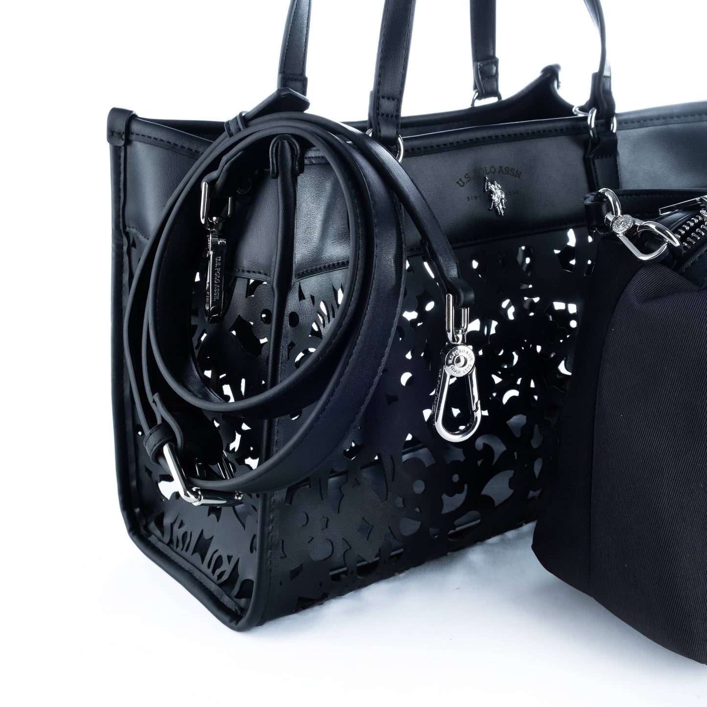 Bolsa Tote Feminina US Polo Preta com Detalhes Vazados