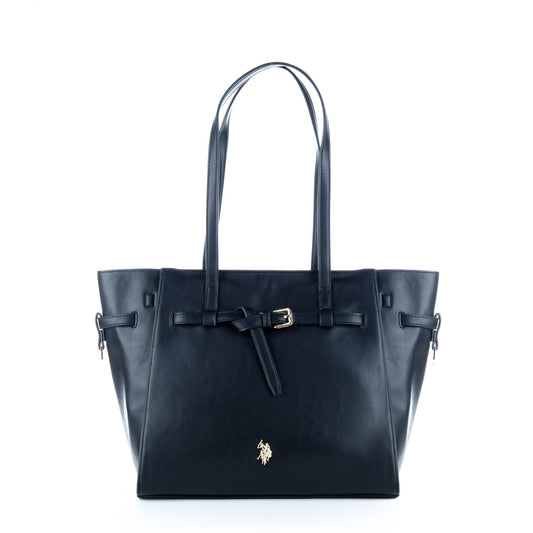 Bolsa Tote U.S. Polo Assn. Preta com Fivela Frontal e Detalhes Dourados