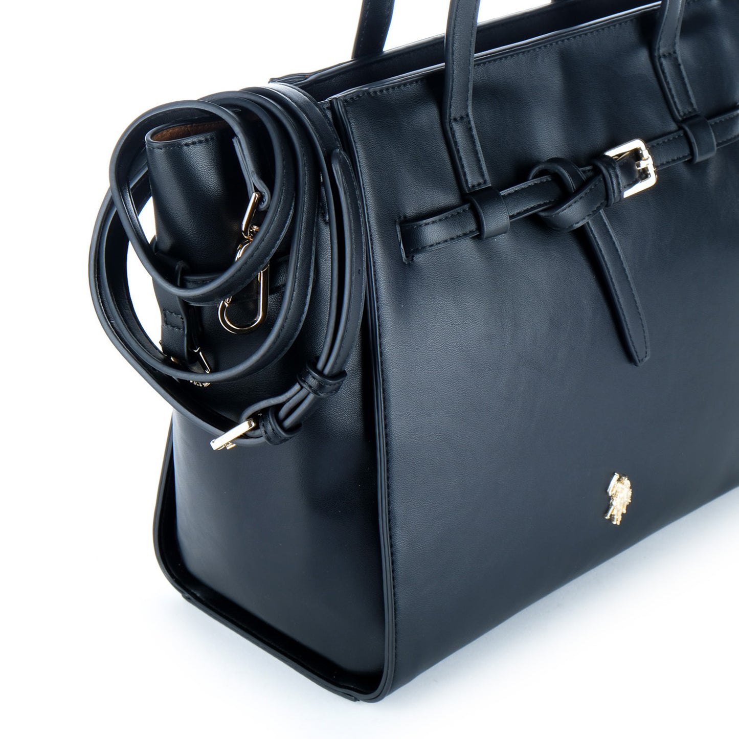 Bolsa Tote U.S. Polo Assn. Preta com Fivela Frontal e Detalhes Dourados