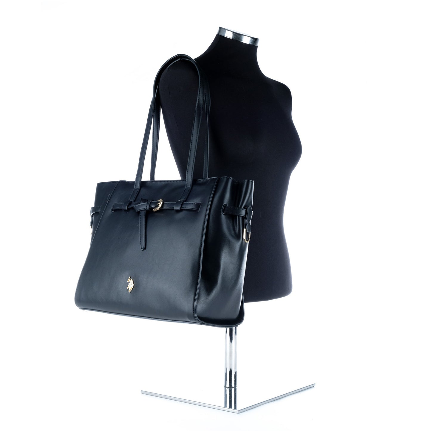 Bolsa Tote U.S. Polo Assn. Preta com Fivela Frontal e Detalhes Dourados