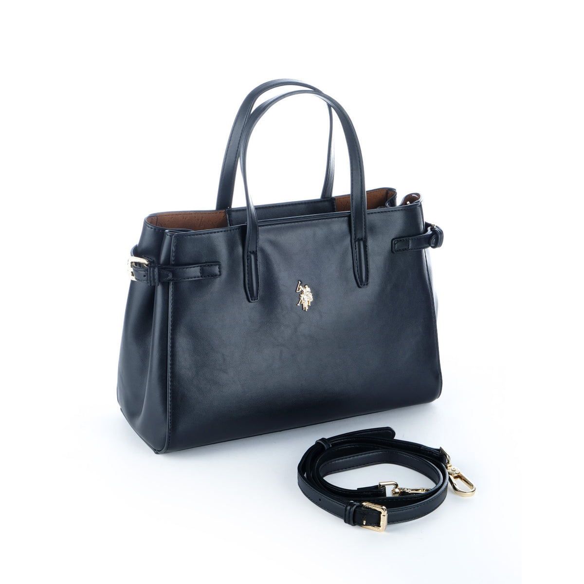 Bolsa Satchel U.S. Polo Assn. Preta com Logótipo Dourado e Alça