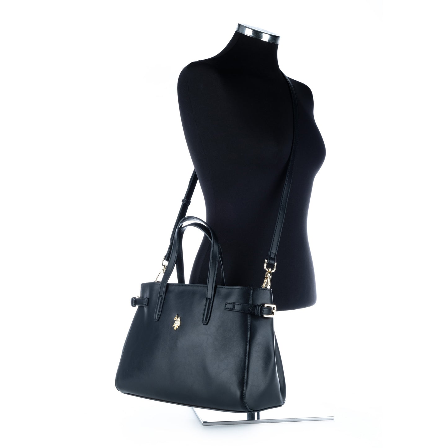 Bolsa Satchel U.S. Polo Assn. Preta com Logótipo Dourado e Alça